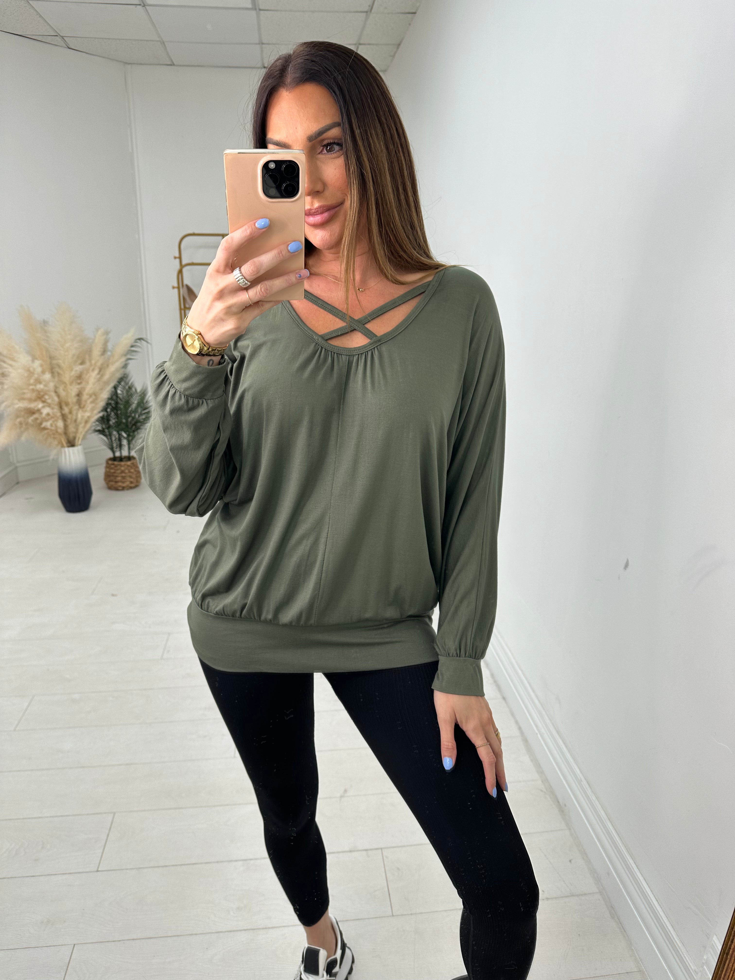 Scarlotte Plain Loose Fit Cross Detail Plain Basic Top