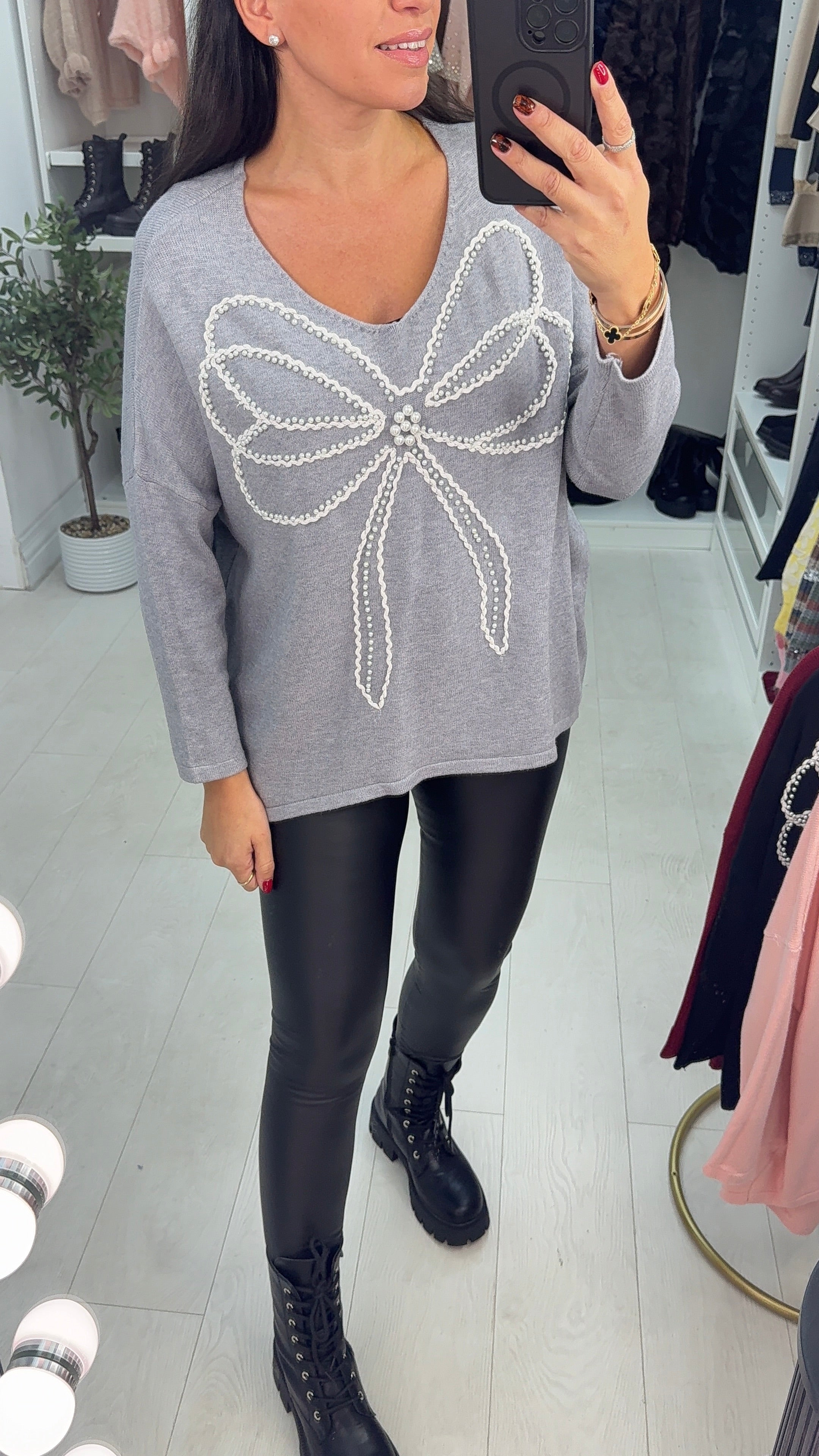 Serina Pearl Embellished Bow Detailed Loose Fit Jumper