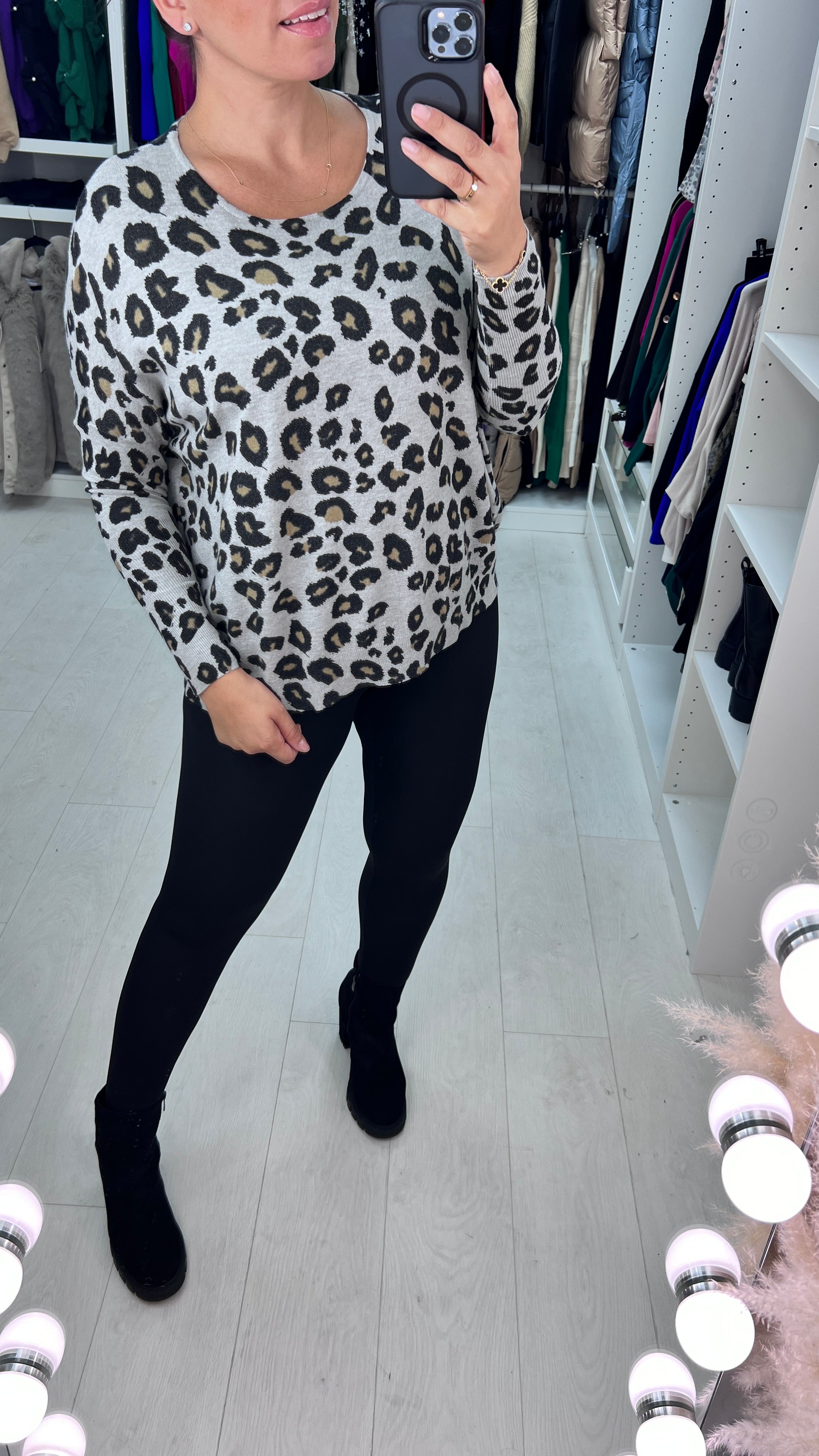 Jenice Oversized Grey Leopard Print Knitted Jumper