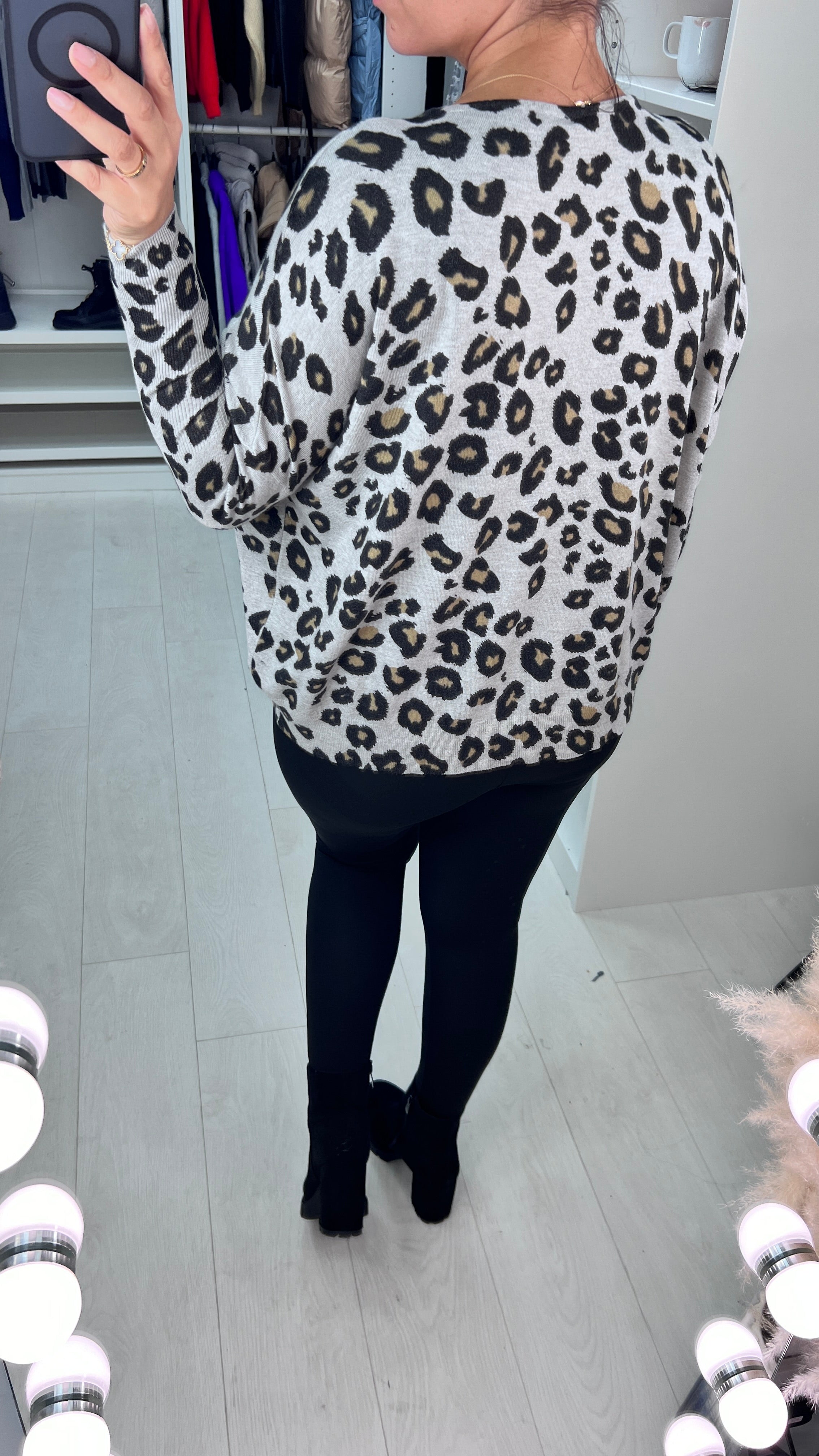 Jenice Oversized Grey Leopard Print Knitted Jumper