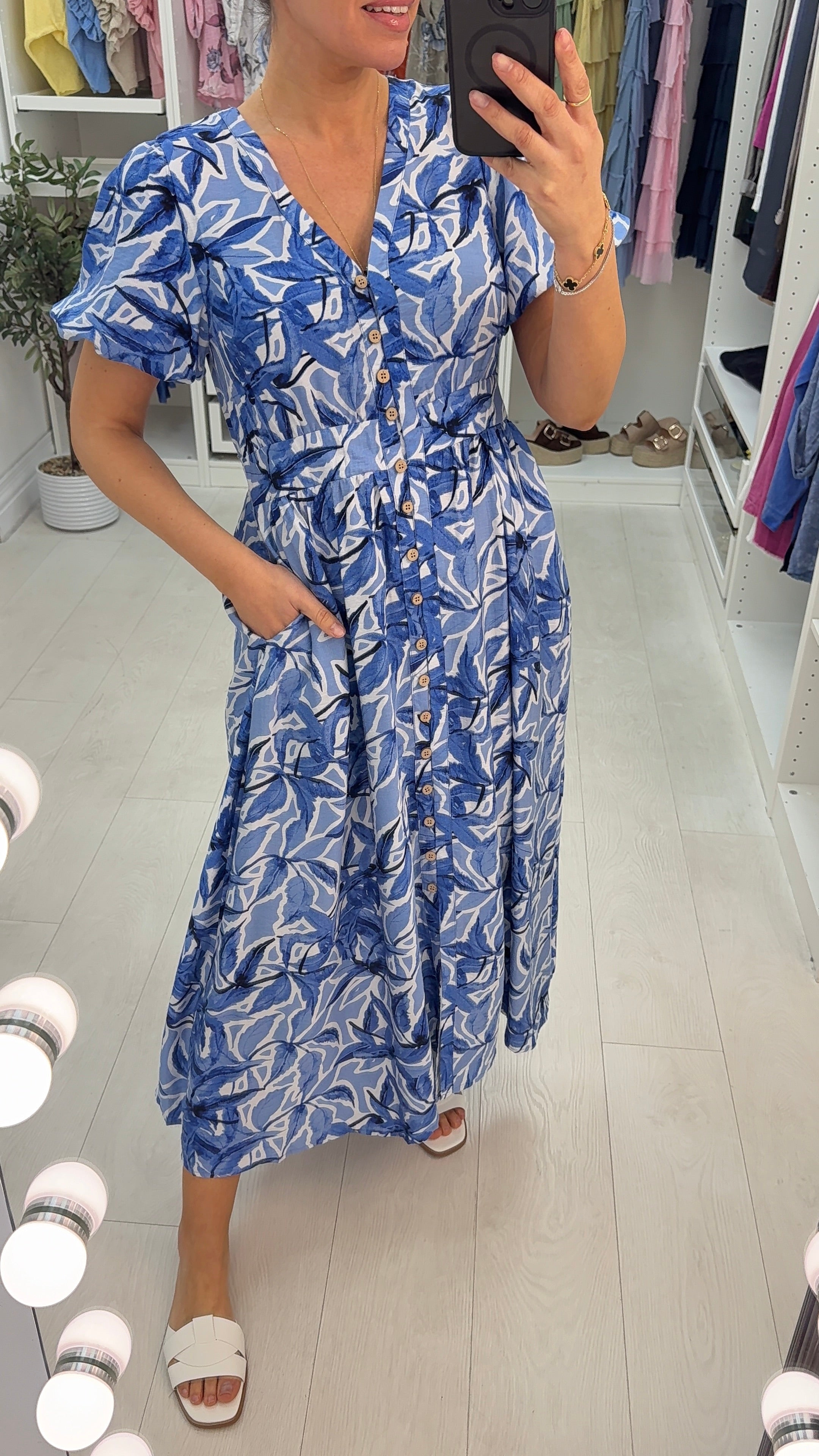 Kalani V Neck Button Detailed Midi Dress