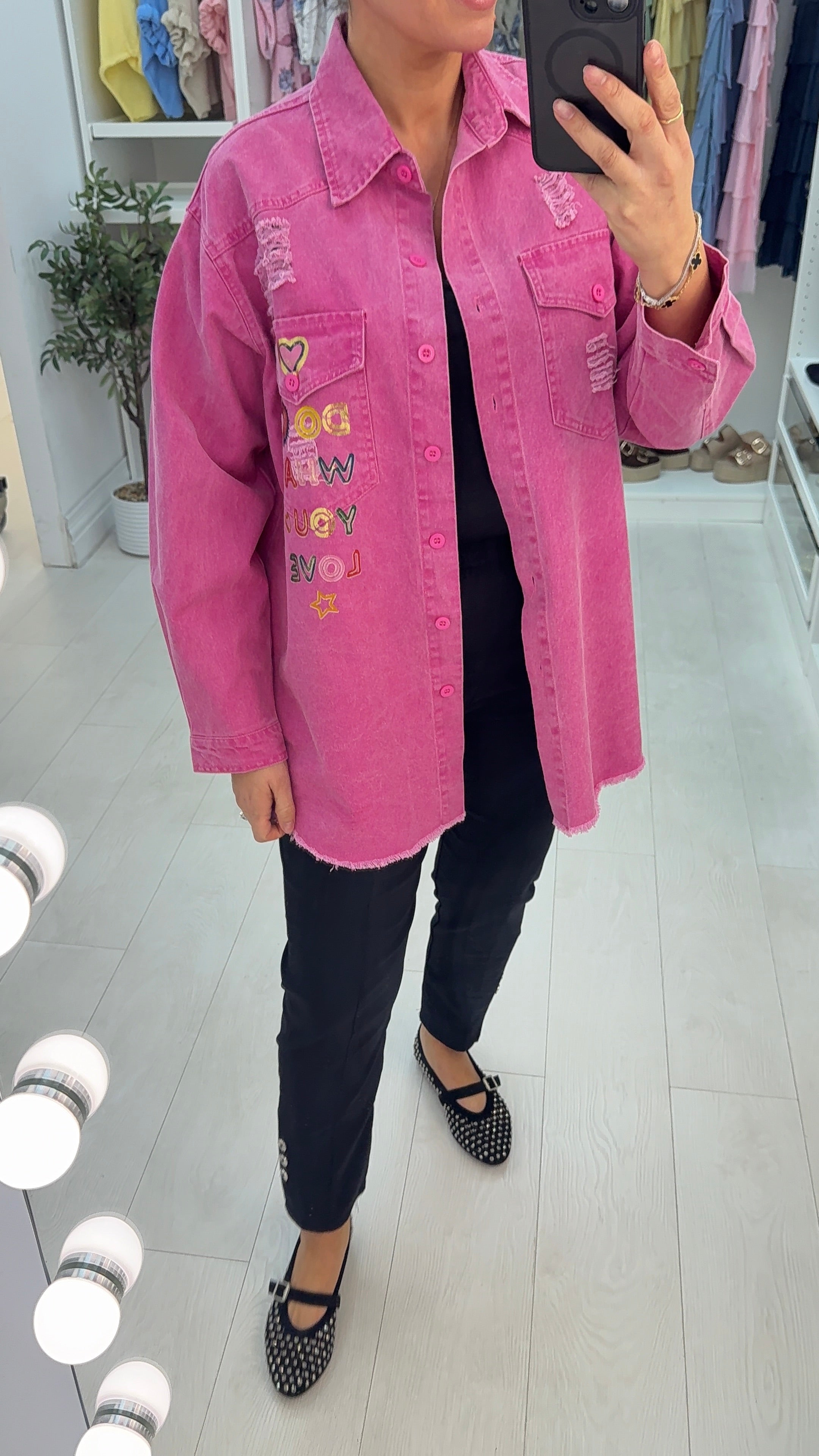 Leslie 'DO WHAT YOU LOVE' Slogan Distressed Denim Shirt