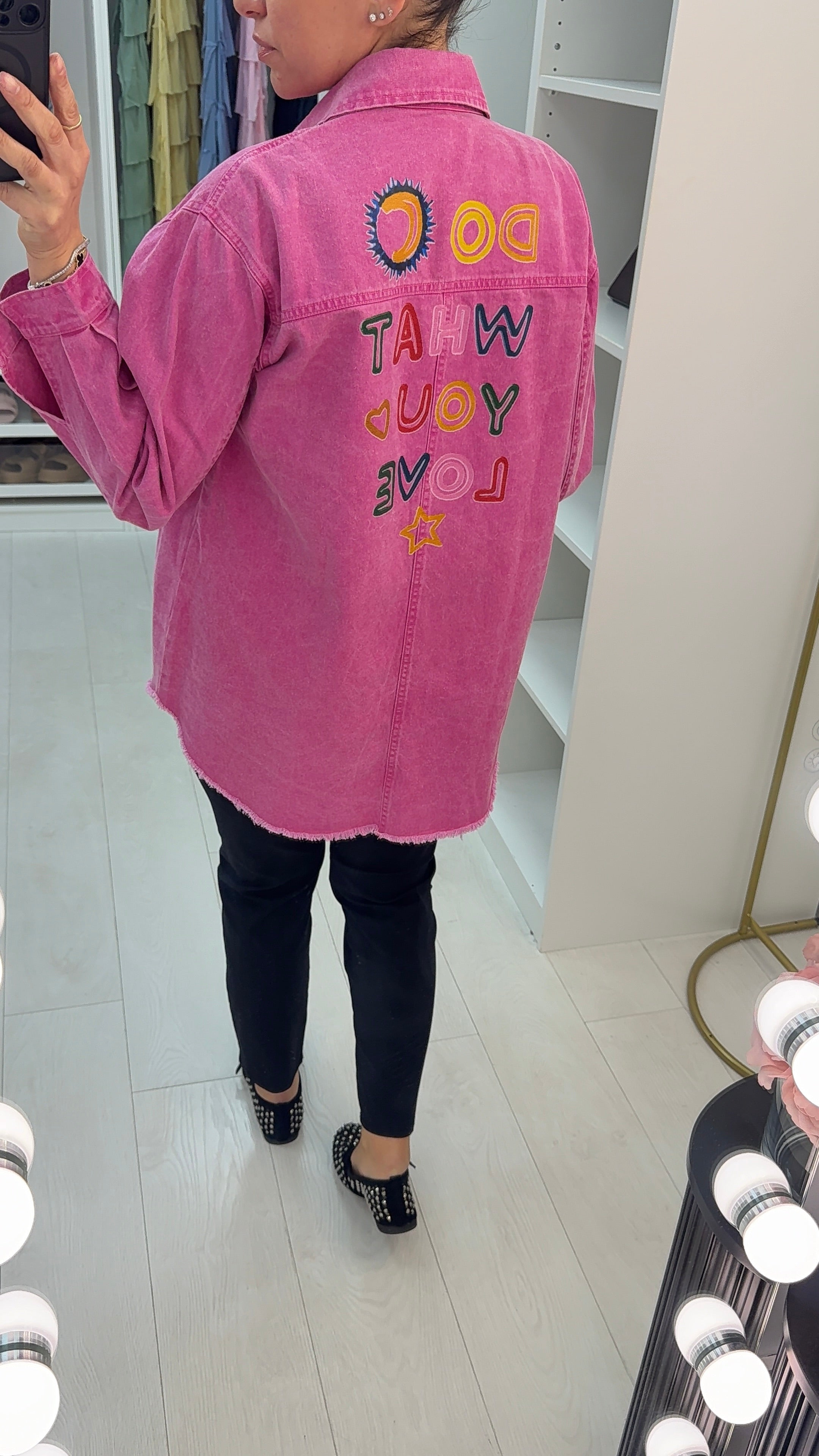 Leslie 'DO WHAT YOU LOVE' Slogan Distressed Denim Shirt