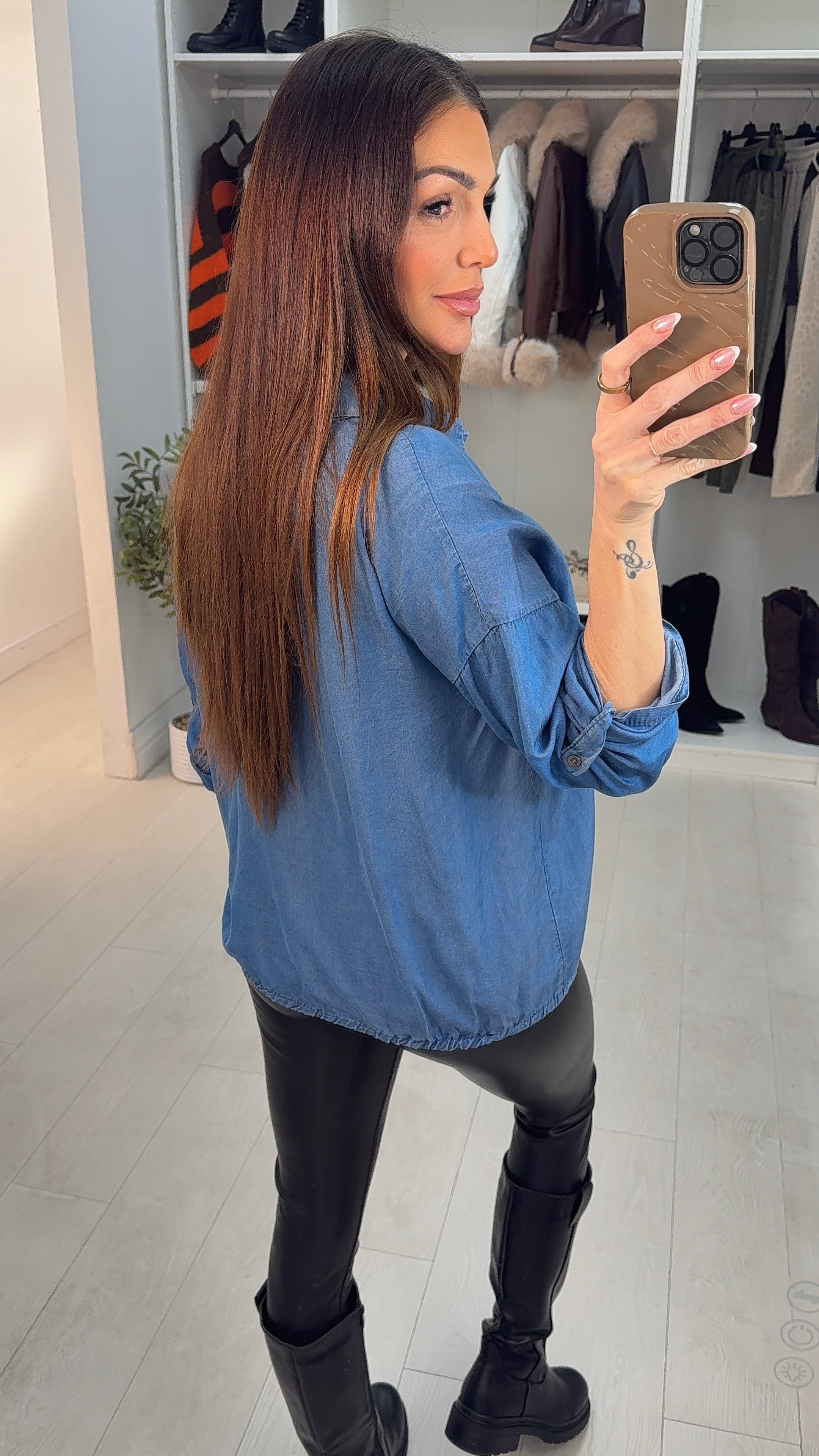 Kandy Rouched Tie Hem Denim Pocket Shirt