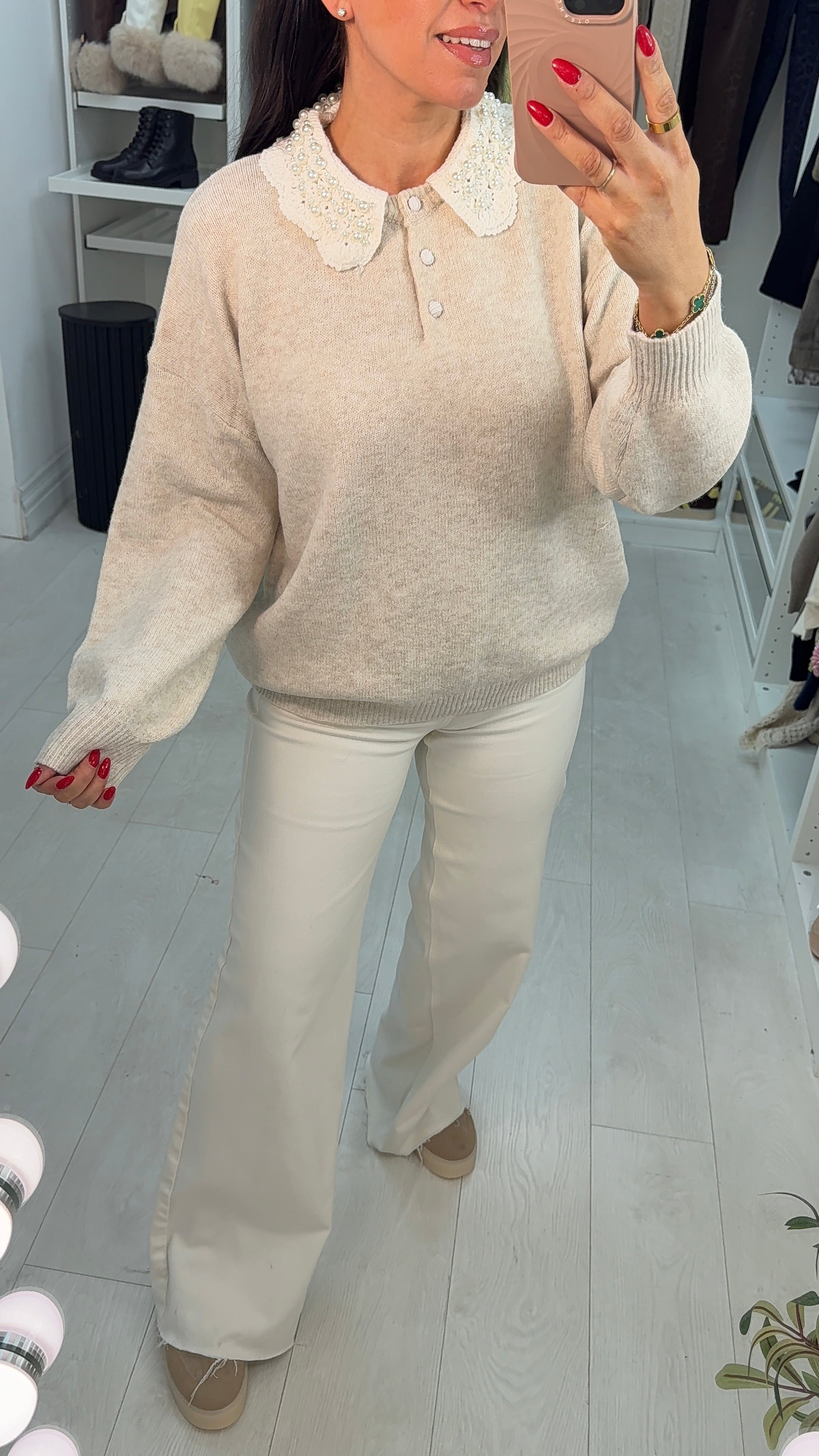 Helaina Plain Pearl Embellished Collared Jumper