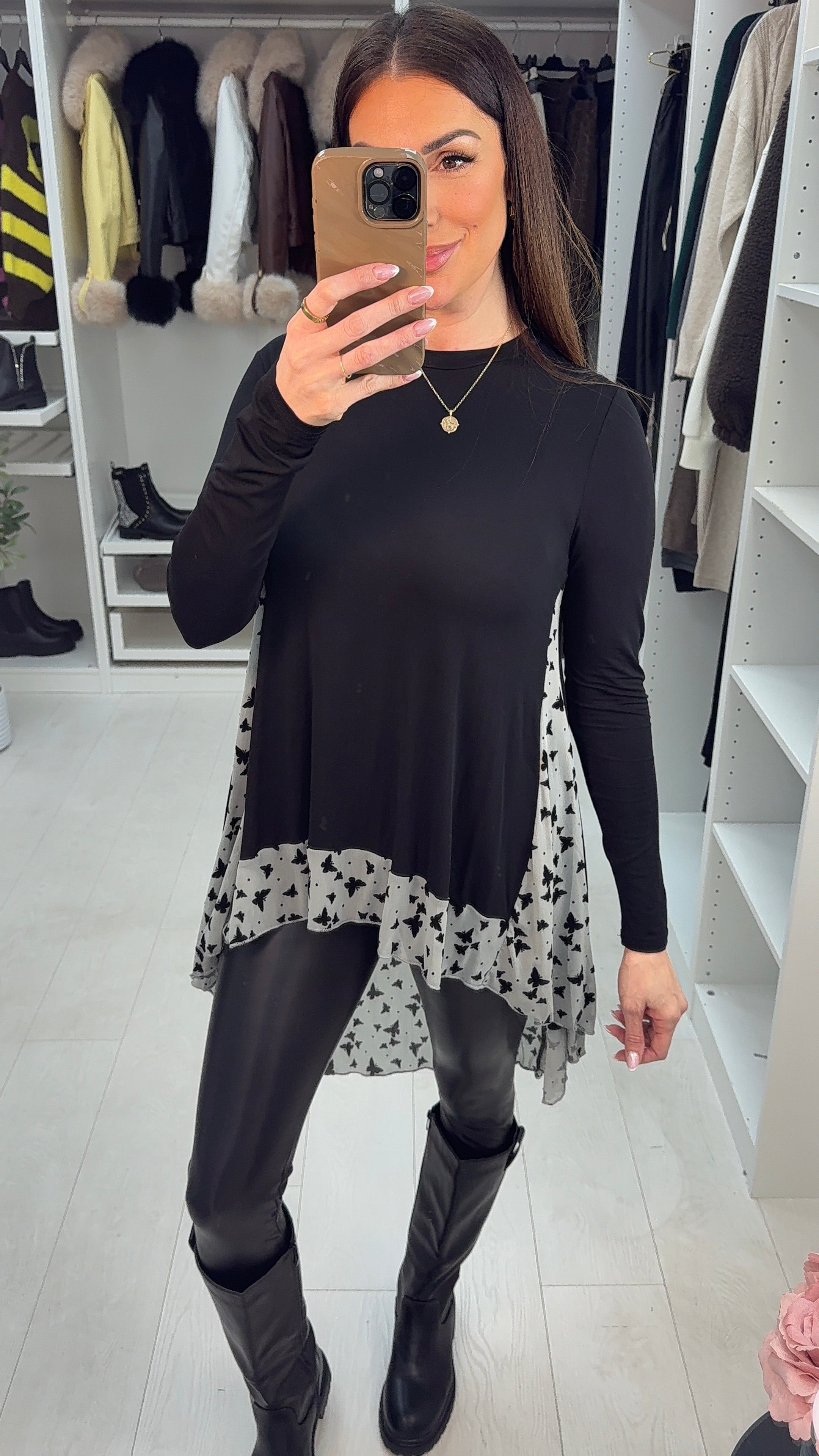 Souza Butterfly Print Chiffon Back Detailed Dip Hem Top