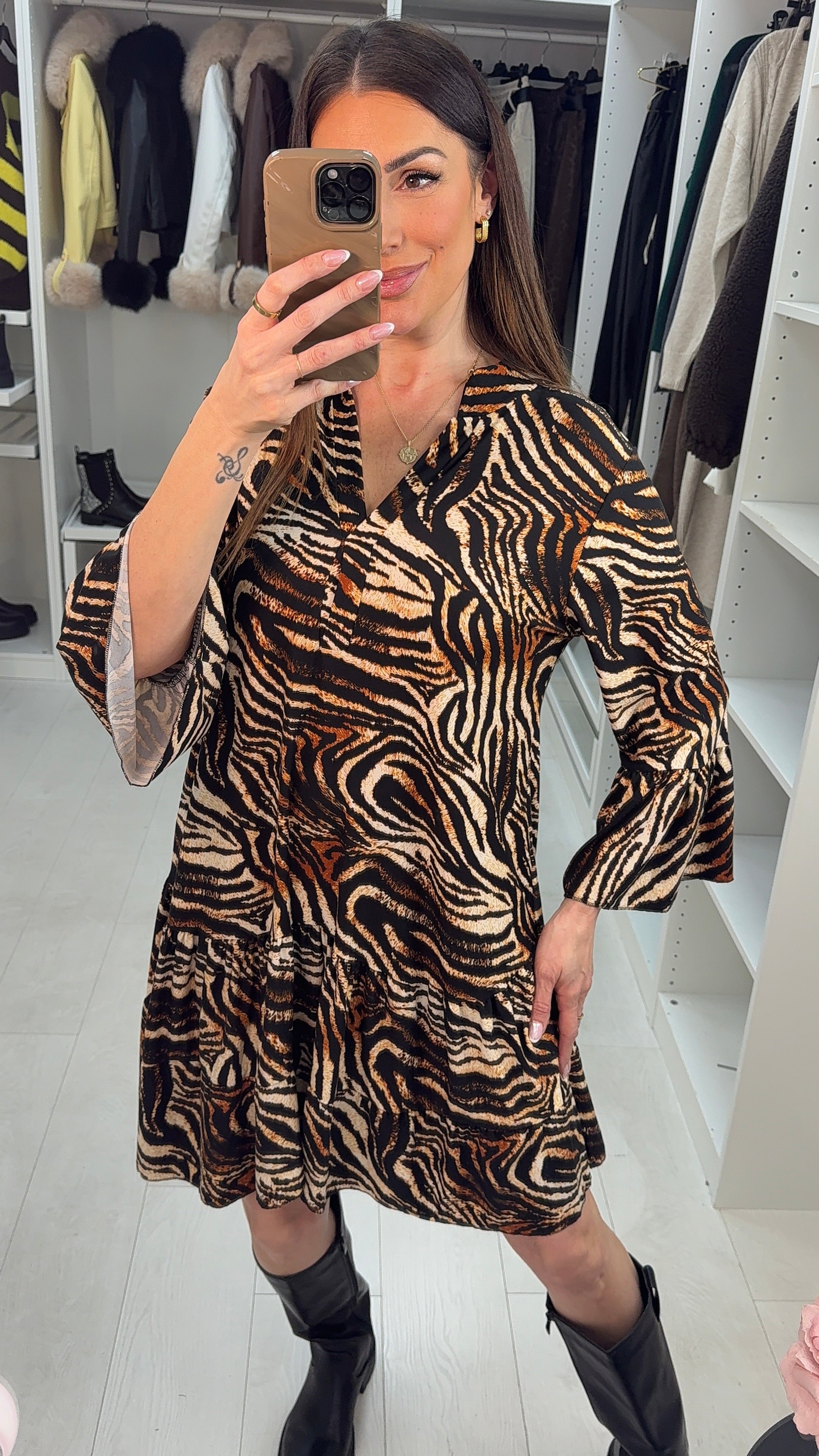 Crushelle Tiger Print V-Neck Smock Dress