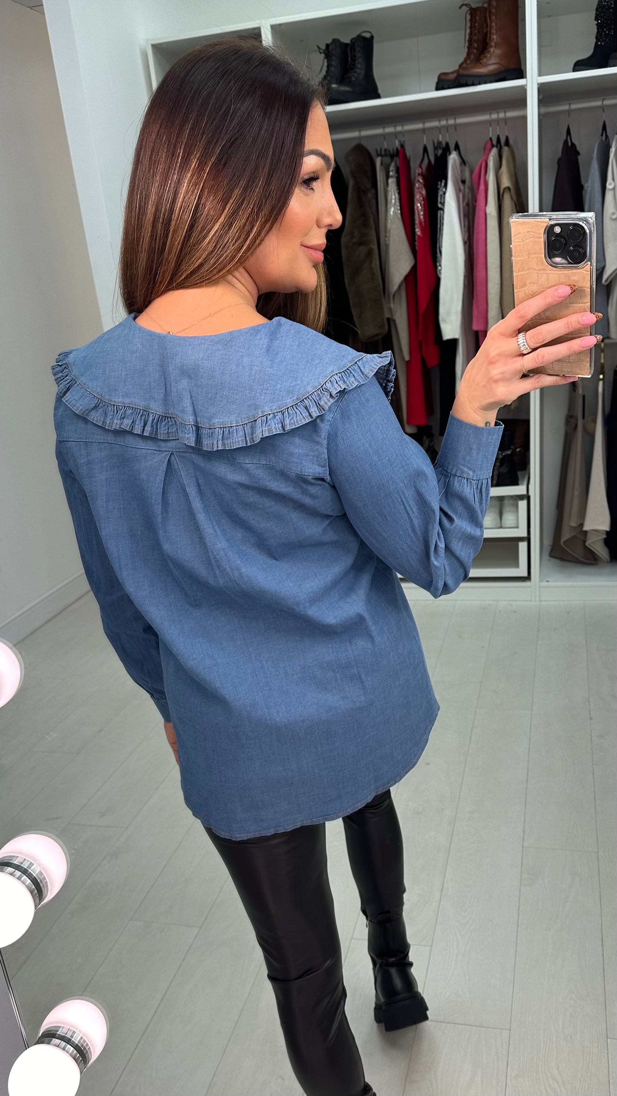 Cherry Frill Oversized Collar Detailed Denim Shirt