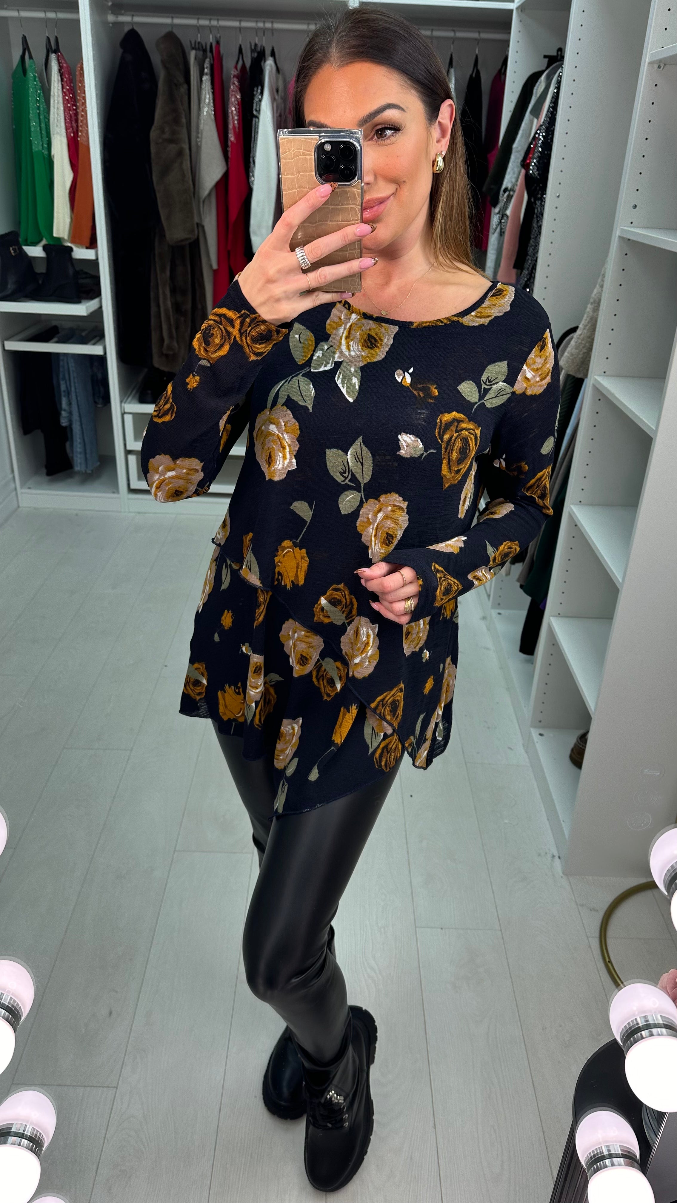 Agnes Navy Floral Print Asymmetric Thin Knit