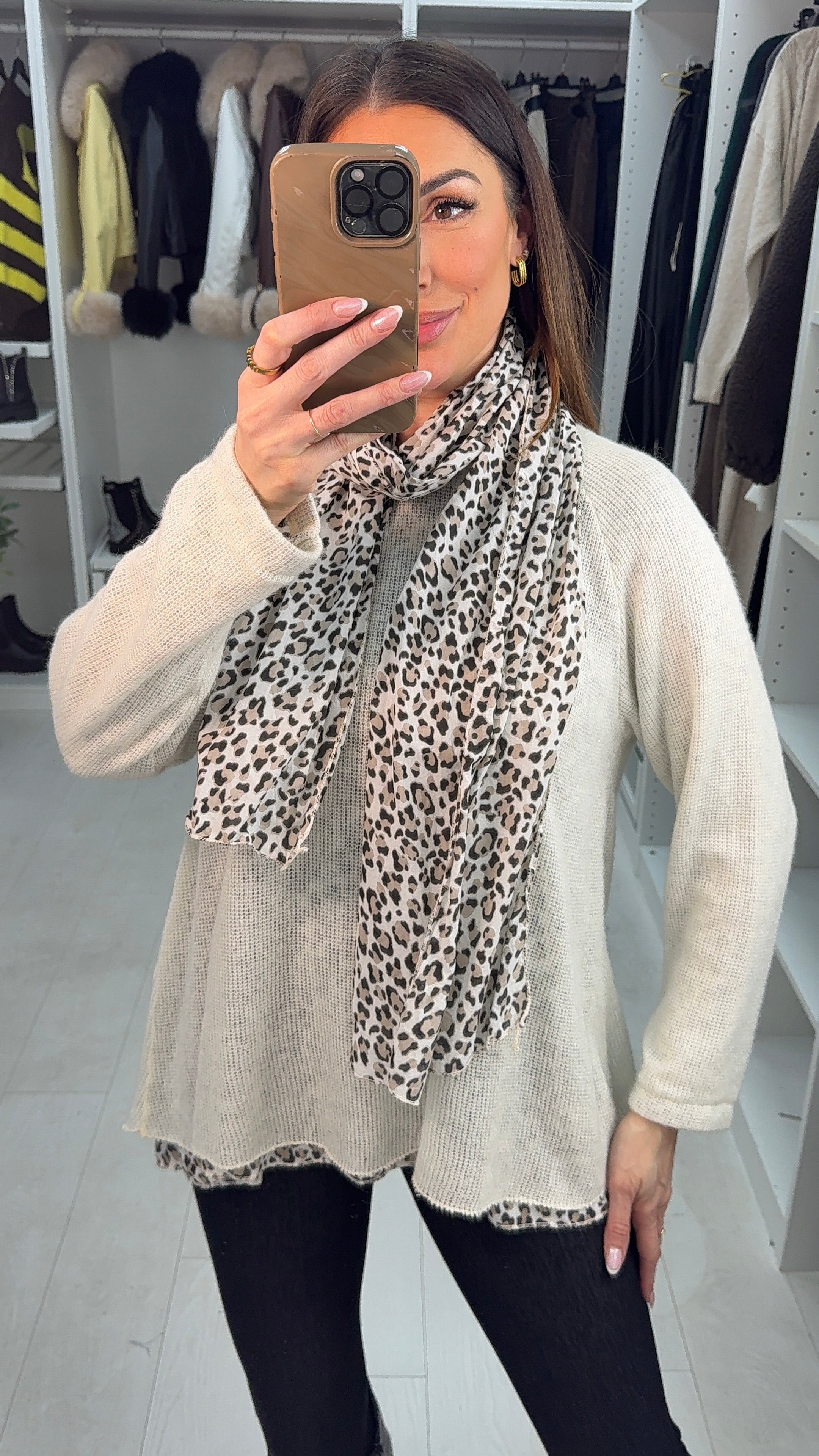 Petria Leopard Print Detailed 2 Piece Scarf Jumper
