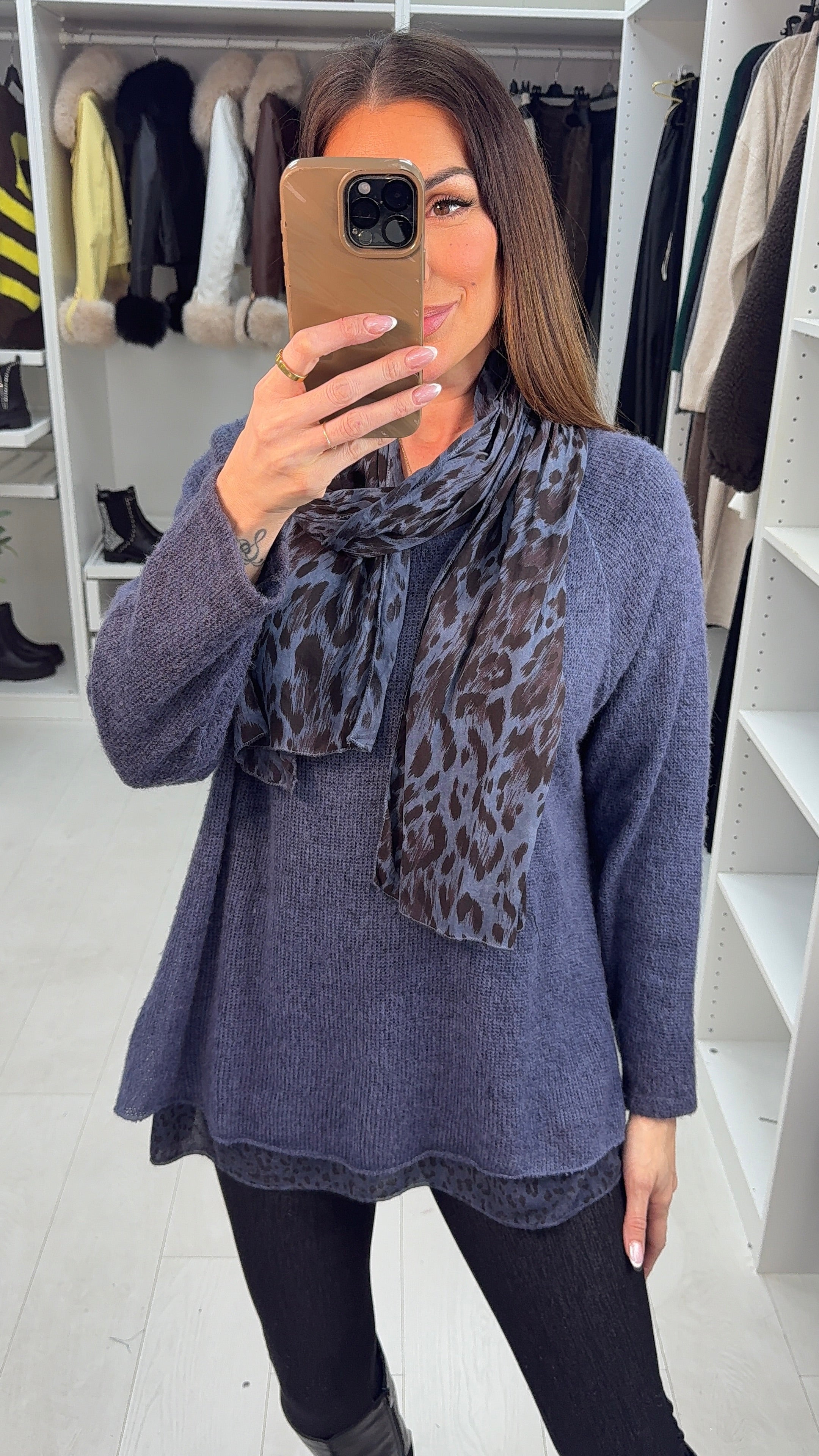 Petria Leopard Print Detailed 2 Piece Scarf Jumper