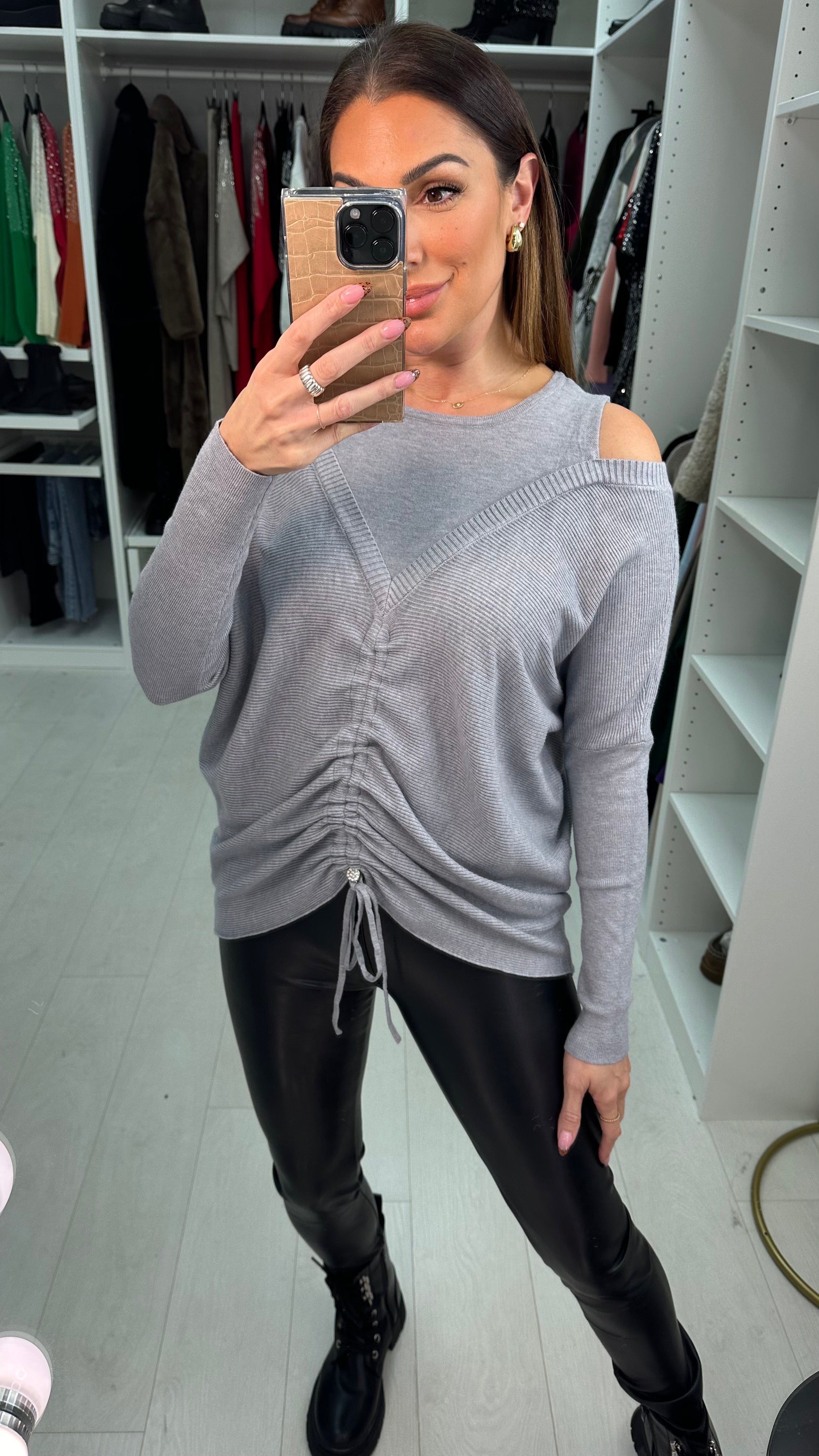 Ayva Cold Shoulder Rouched Front Detailed Knitted Jumper