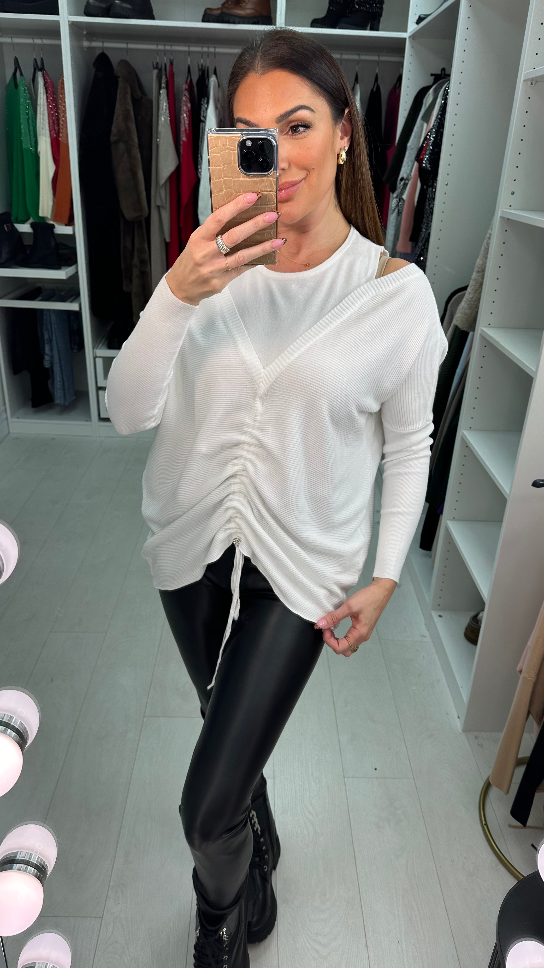 Ayva Cold Shoulder Rouched Front Detailed Knitted Jumper