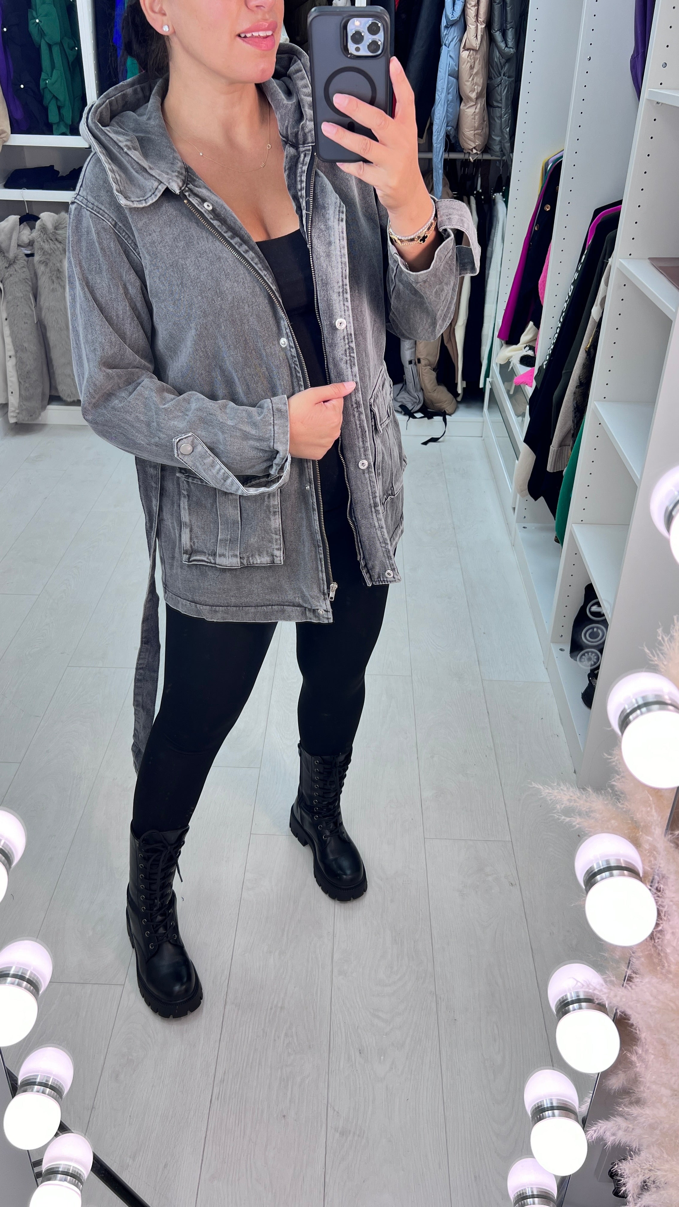 Alana Dark Grey Denim Hooded Jacket