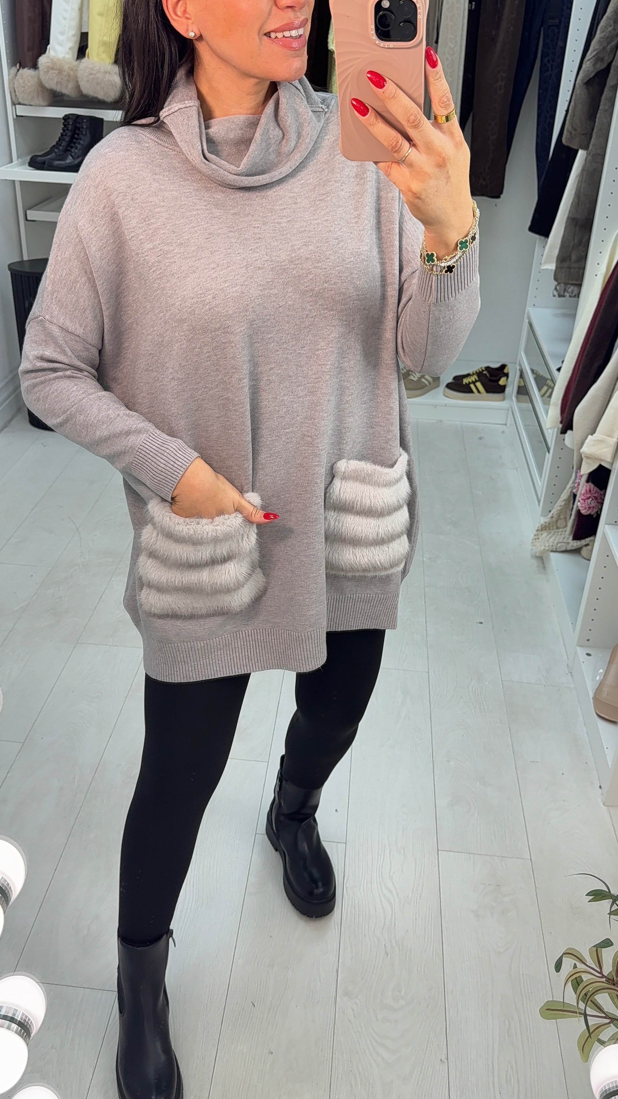 Riviera Faux Fur Pockets Detail Loose Fit Jumper