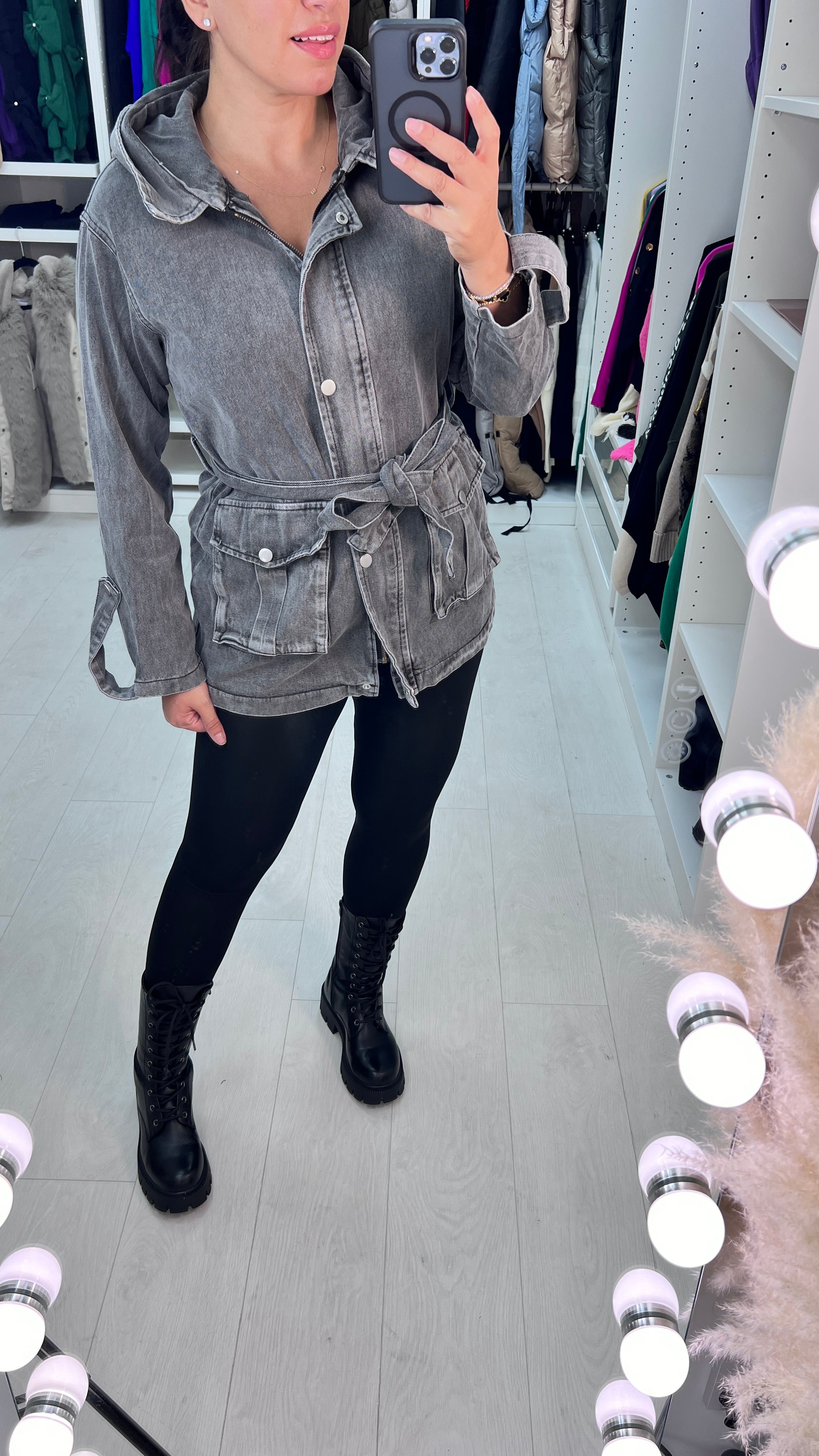 Alana Dark Grey Denim Hooded Jacket