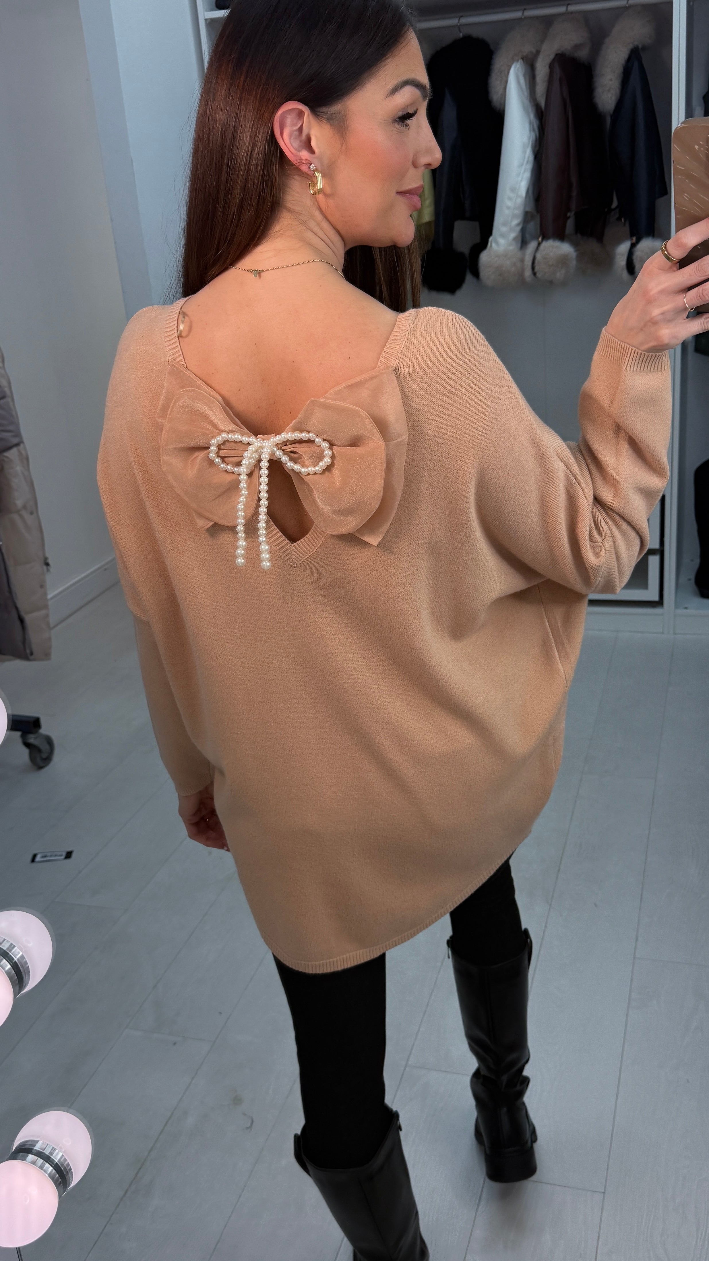 Madeline Plain V Neck Bow Back Jumper