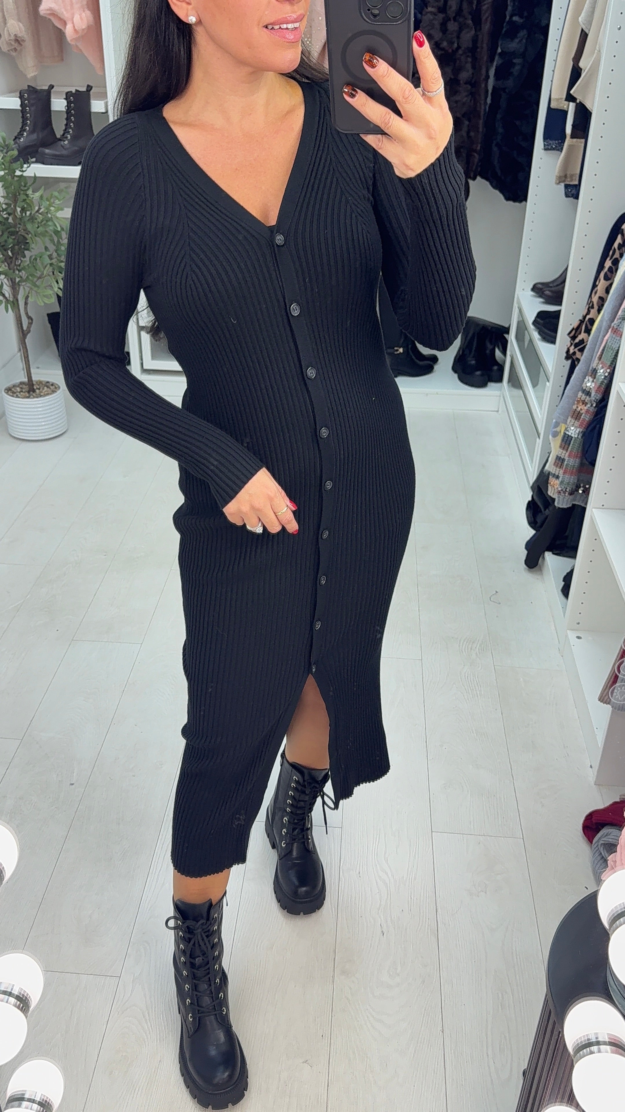 Jolena Plain Ribbed Button Front Jumper Dress