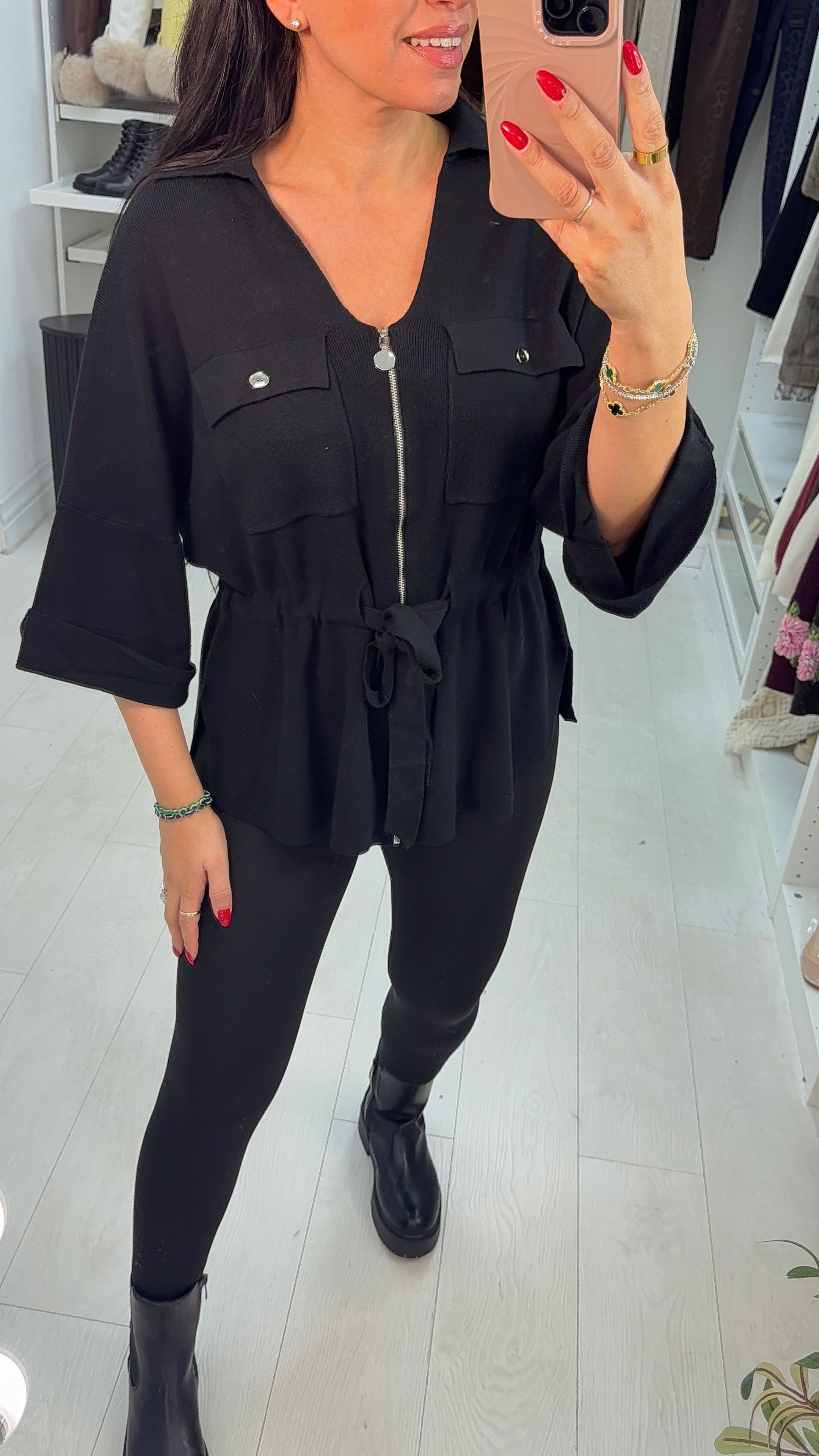 Rita Plain Zip Front Tie Waist Jumper