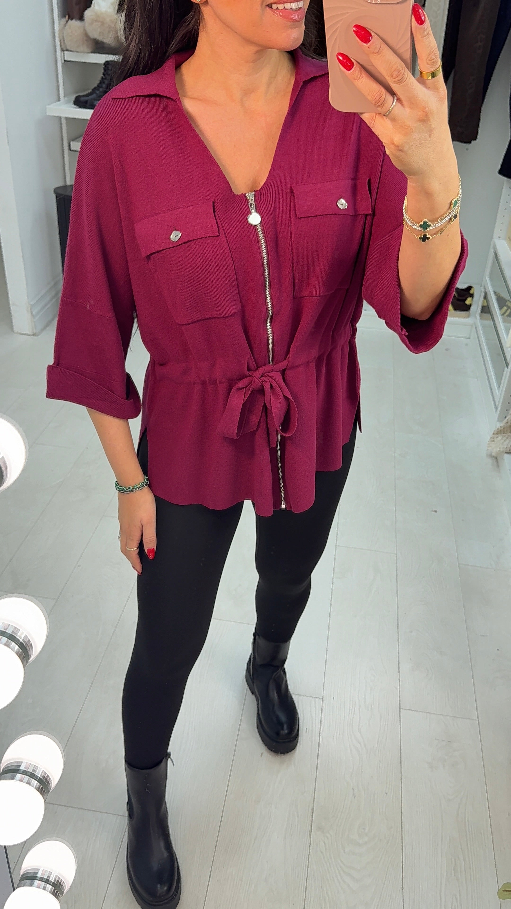 Rita Plain Zip Front Tie Waist Jumper