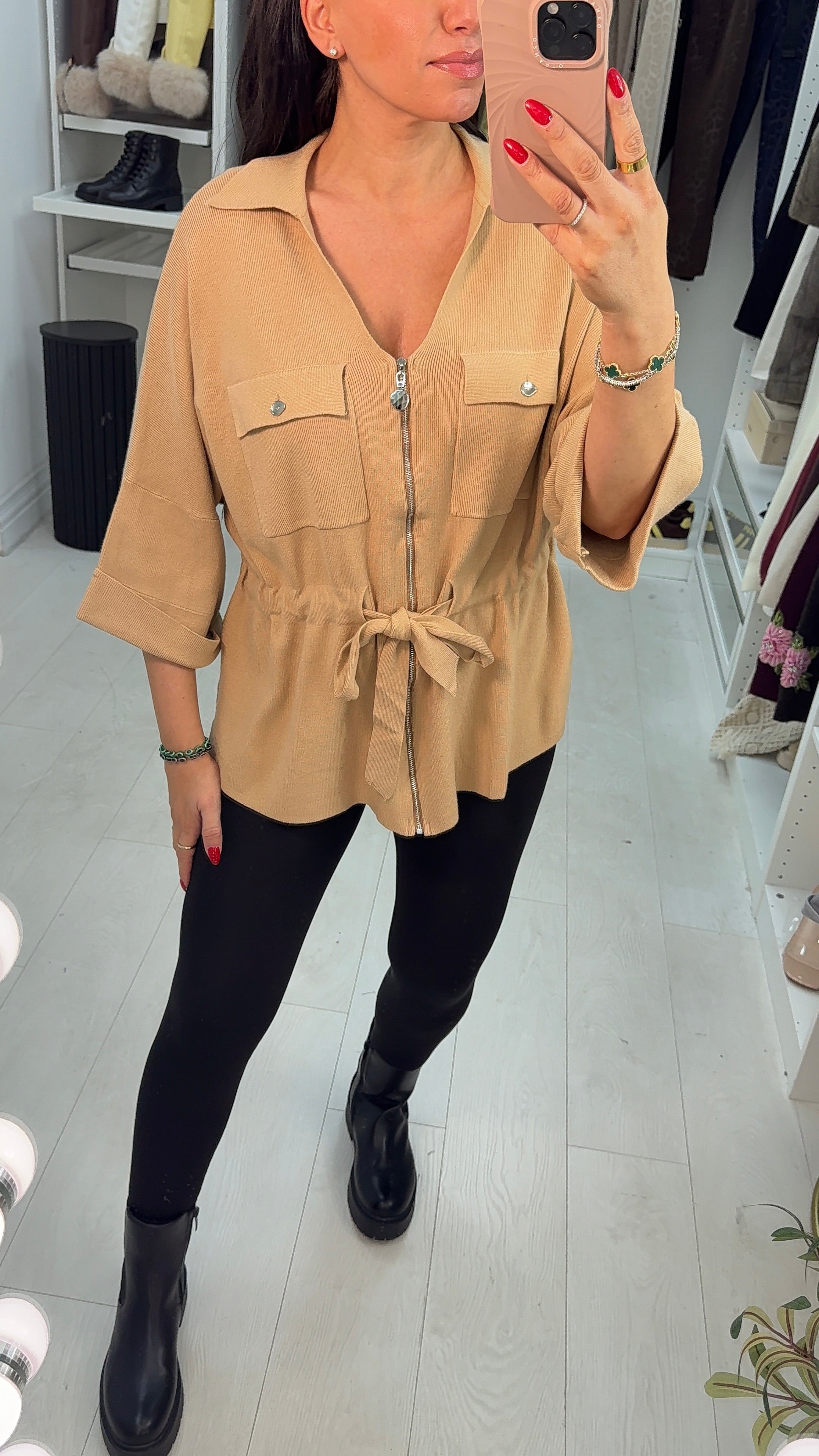 Rita Plain Zip Front Tie Waist Jumper