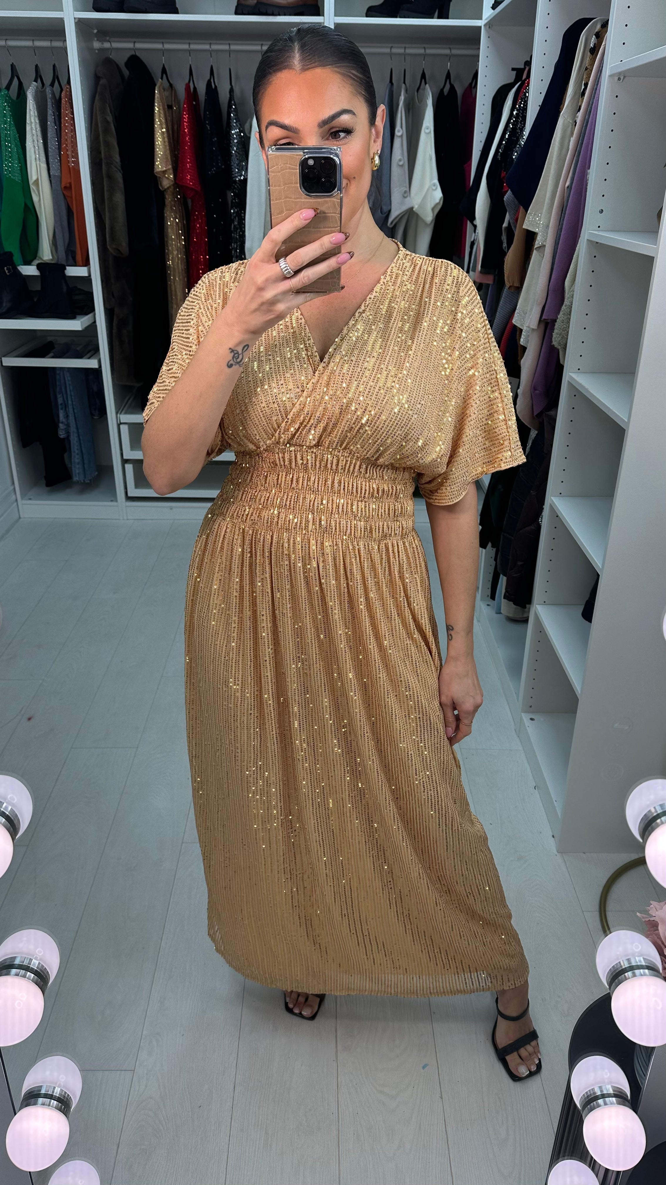 Liberty Sequin Shirred Waist Maxi Dress