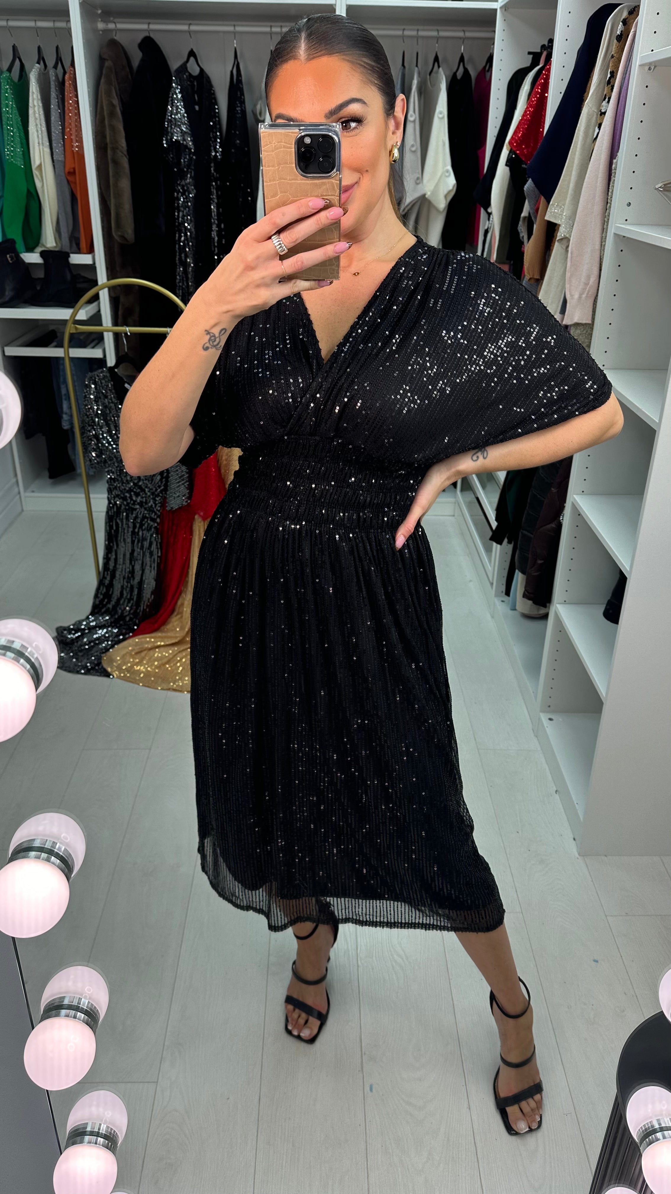 Tasmin Sequin Shirred Waist Midi Dress