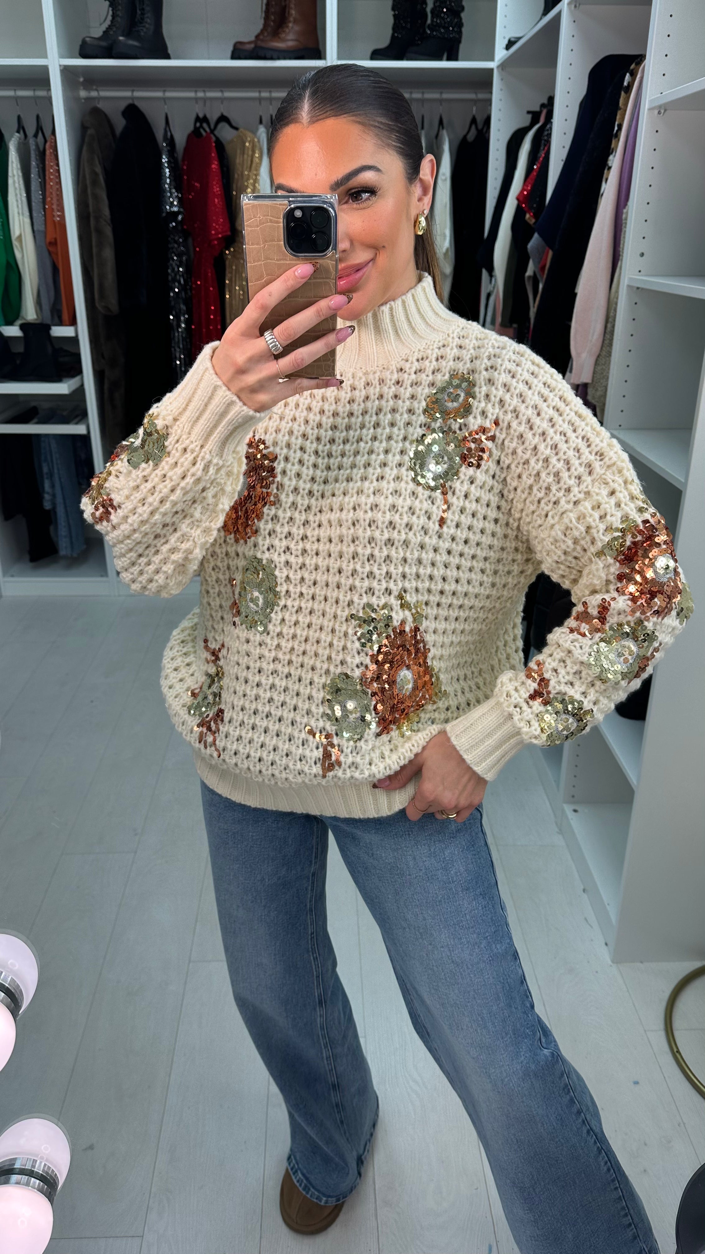 Taffi Chunky Sequin Detail High Neck Jumper