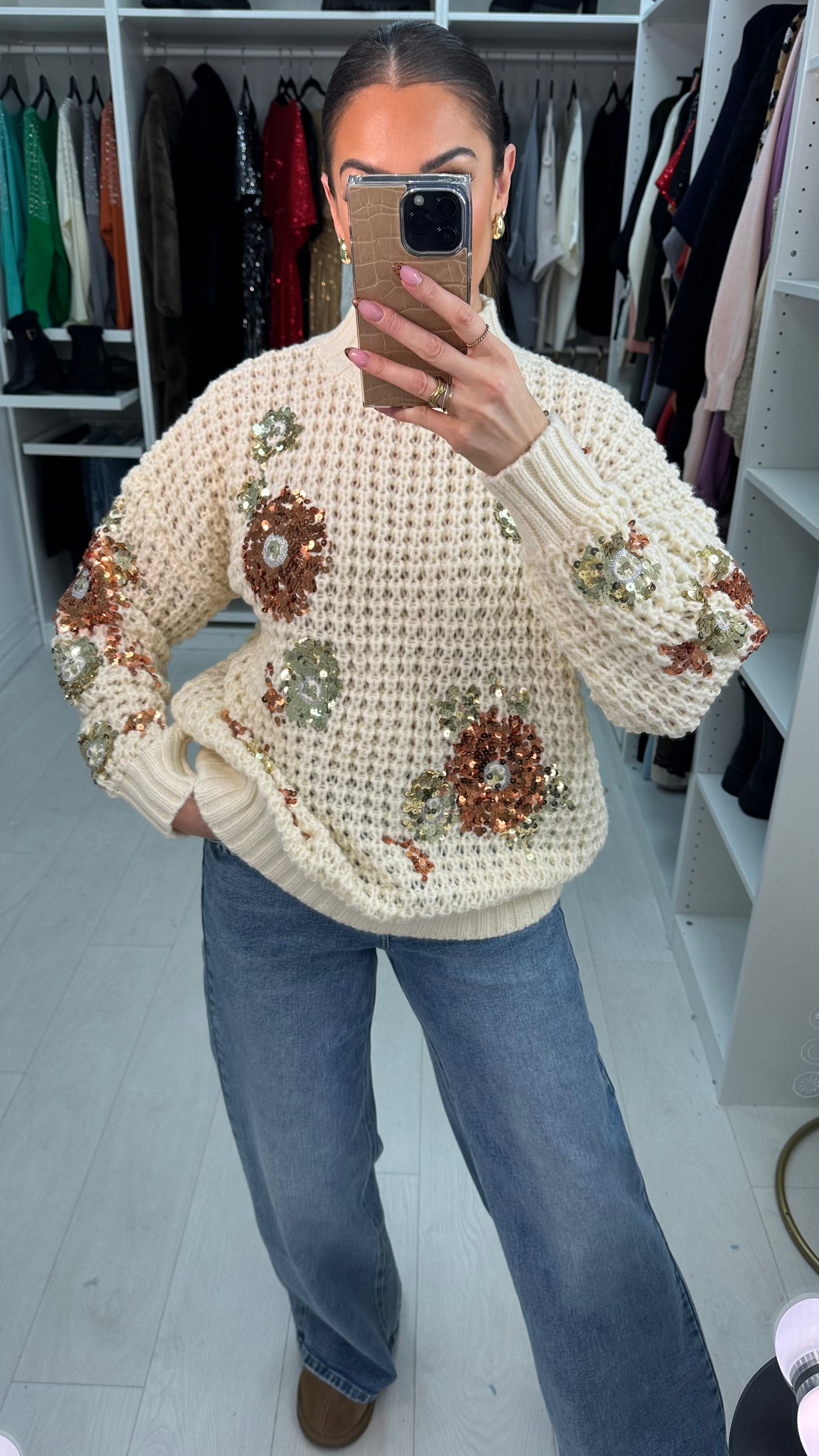 Taffi Chunky Sequin Detail High Neck Jumper