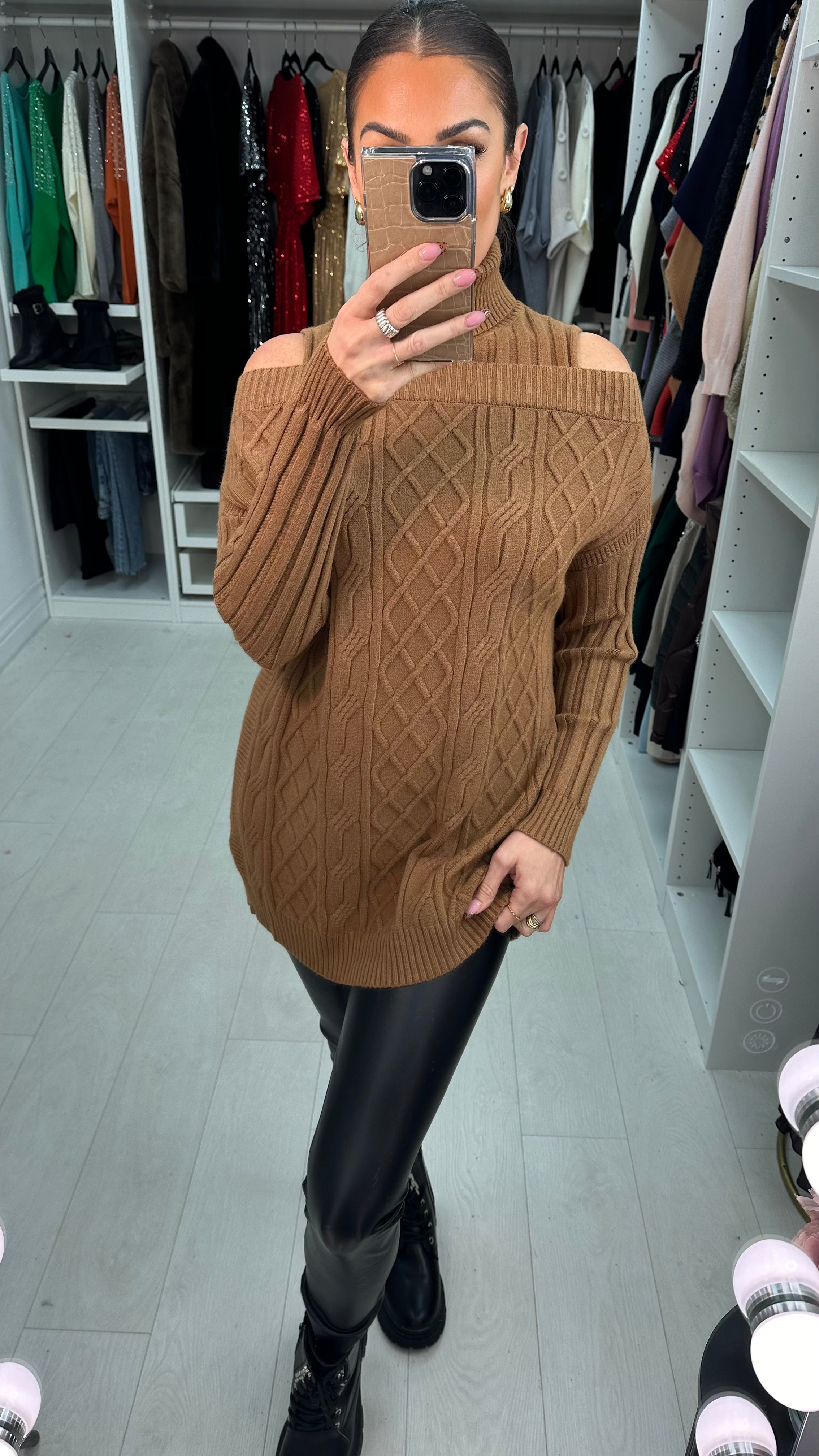 Dilara Cold Shoulder Roll Neck Cable Knit Jumper