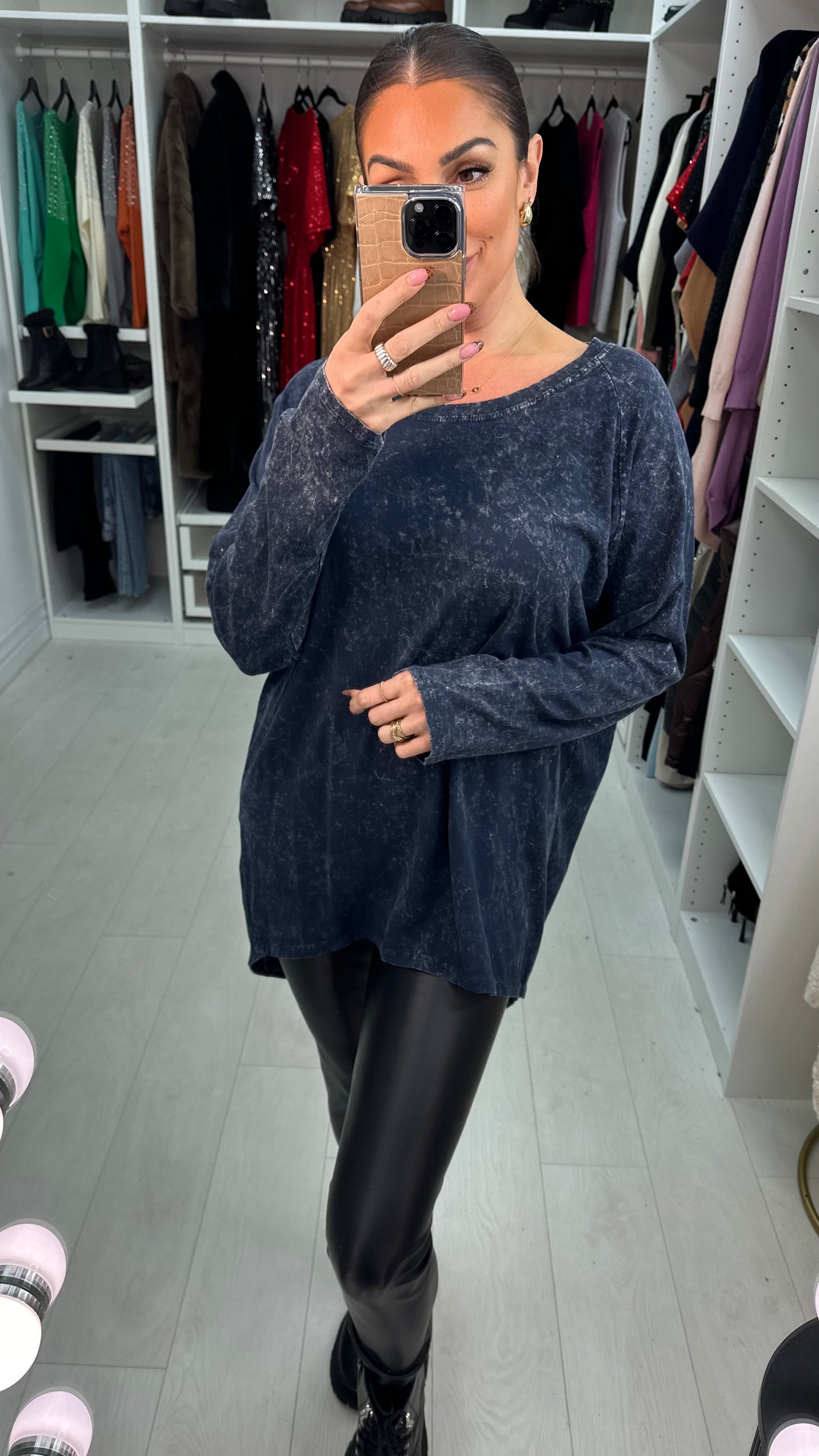 Talia Acid Wash Marble Effect Long Sleeve Loose Fit Basic Top