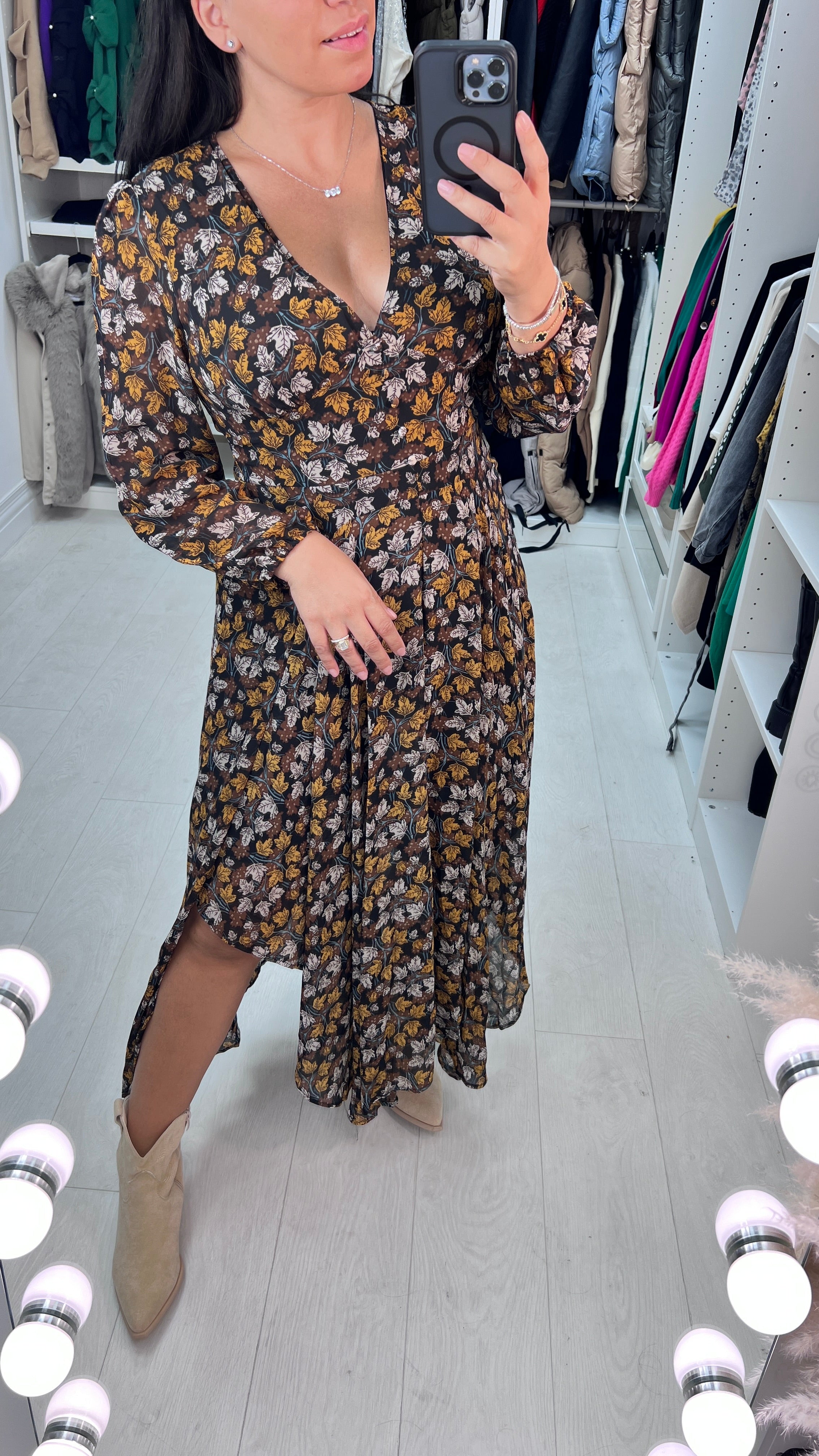 Harvest Leaf Print Sheer Sleeve Floaty Dress