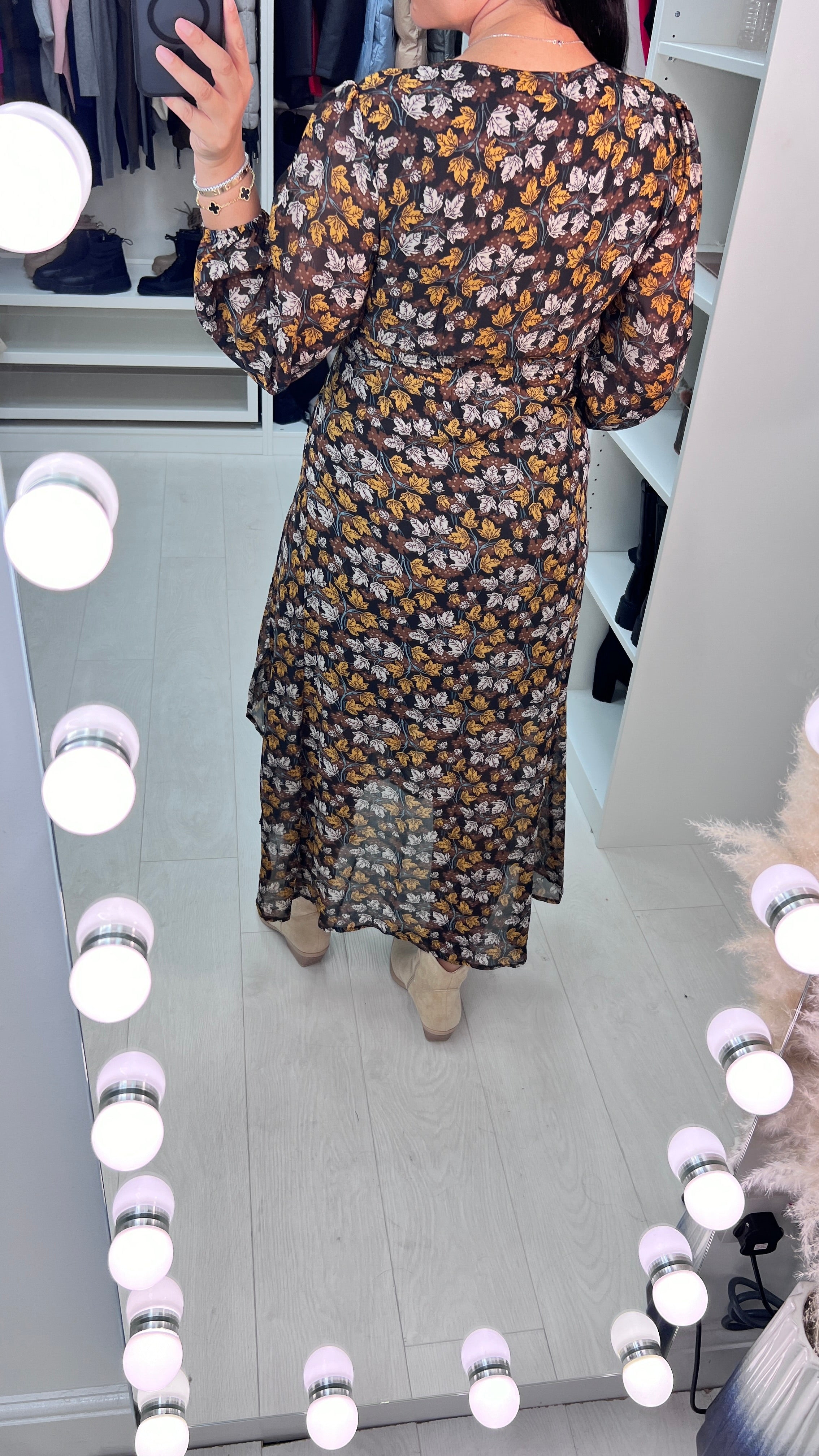 Harvest Leaf Print Sheer Sleeve Floaty Dress