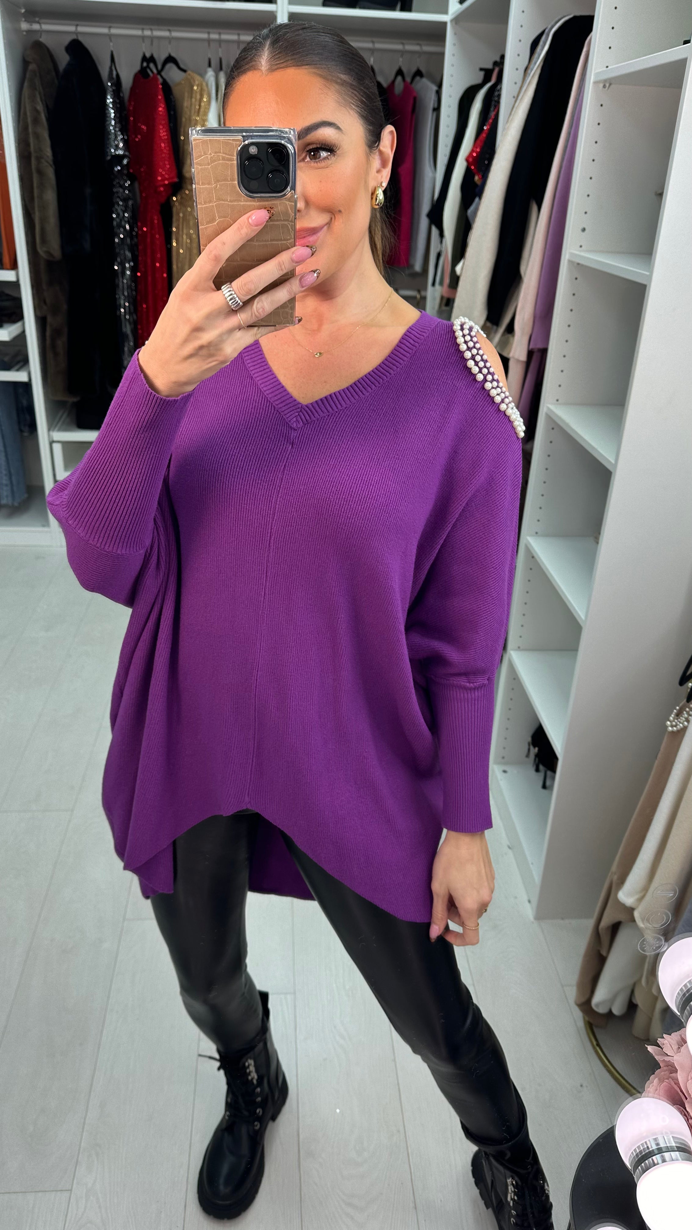 Daliah Pearl Cold Shoulder V-Neck Jumper