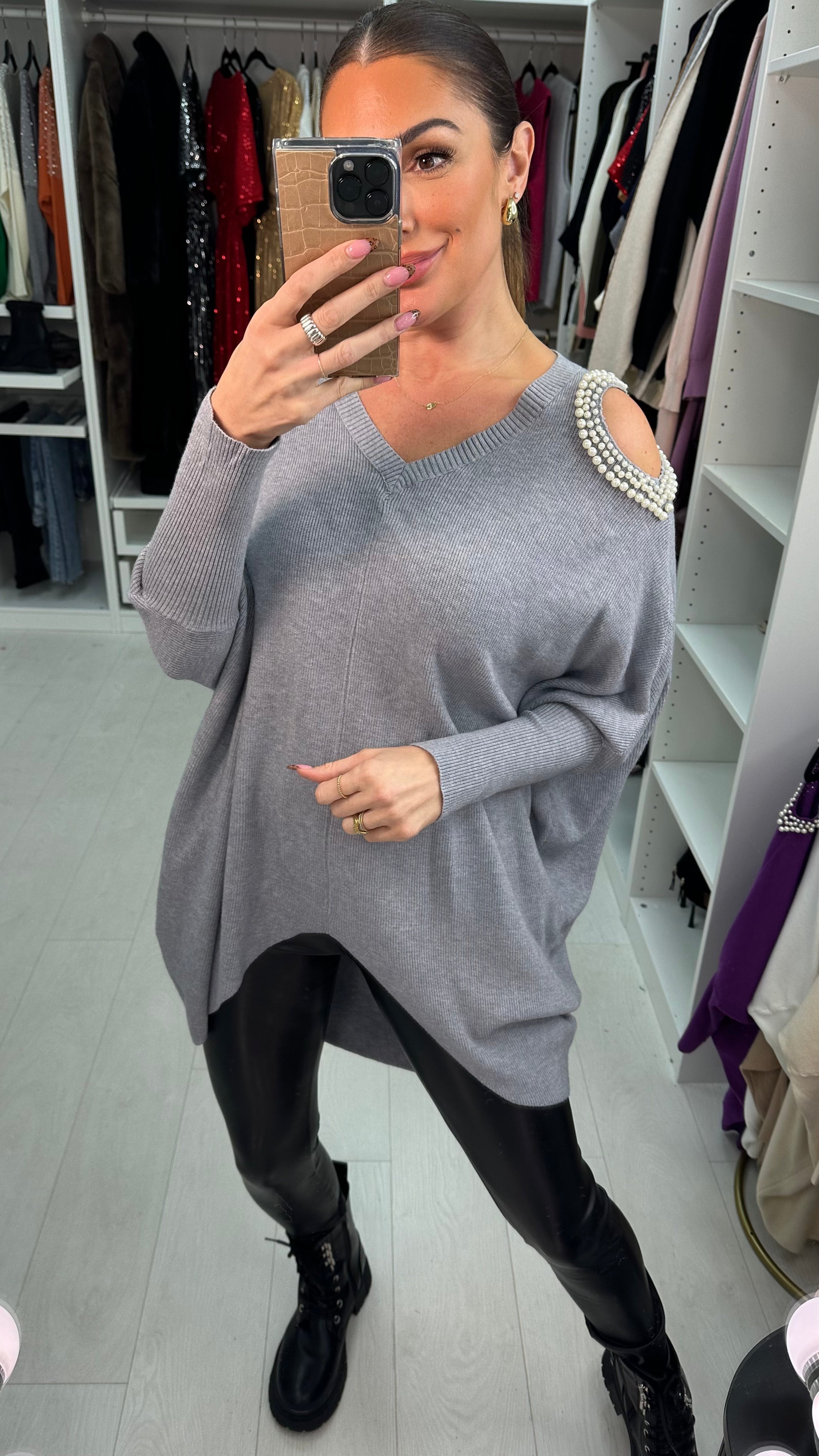 Daliah Pearl Cold Shoulder V-Neck Jumper