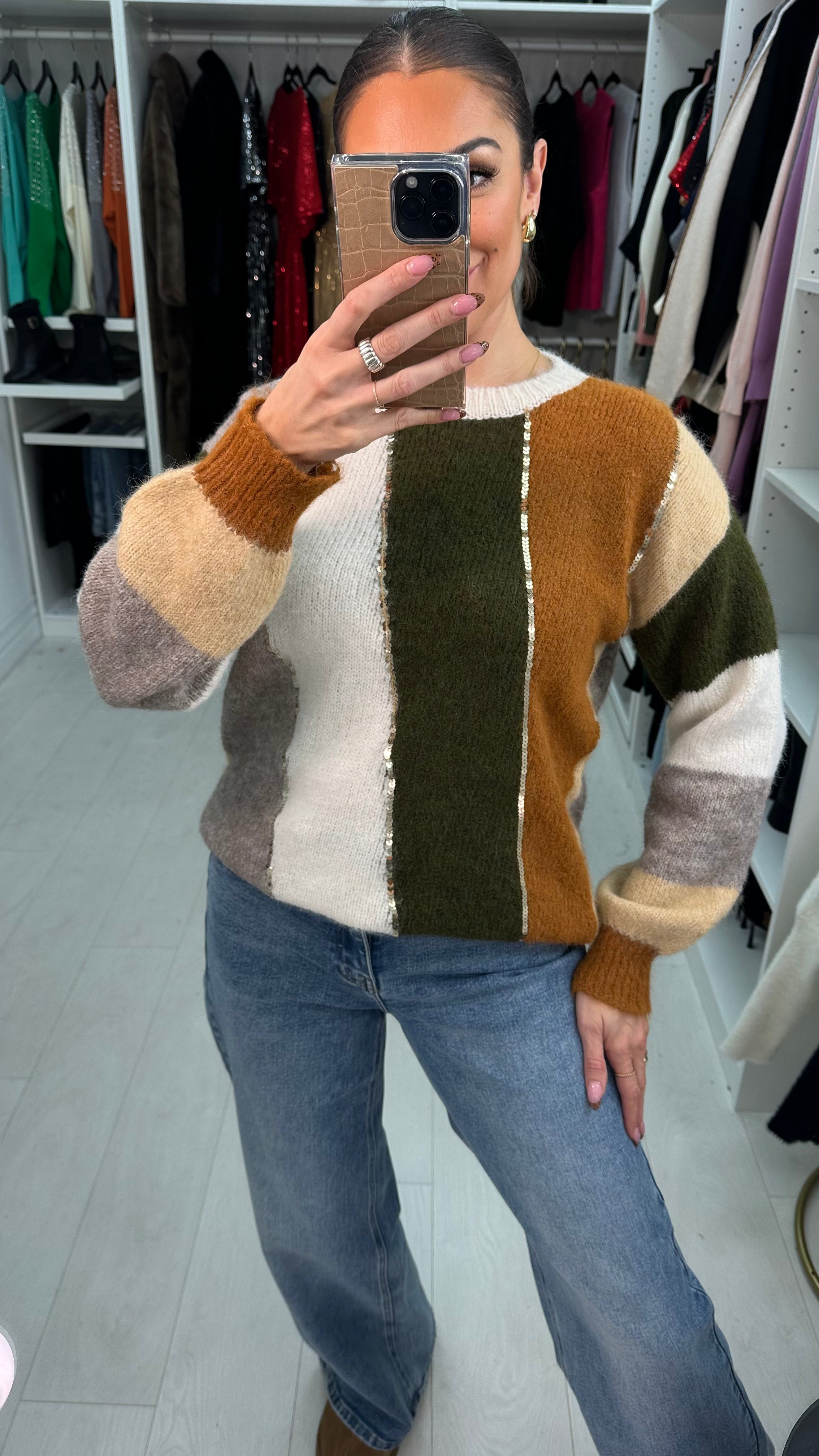 Leonie Sequin Detail Colour Block Knit Jumper