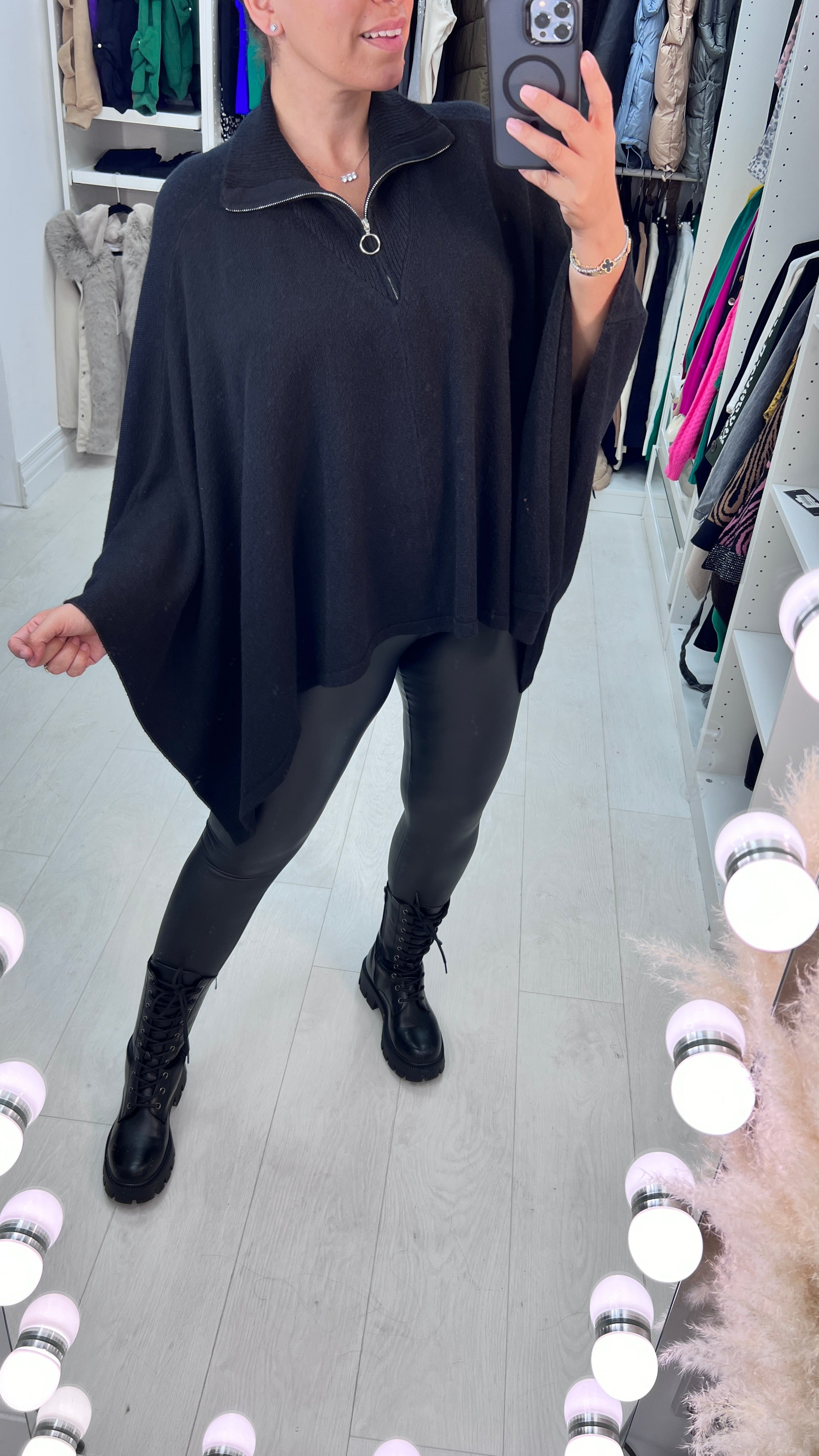 Diego Funnel Zip Neck Soft Knit Short Poncho