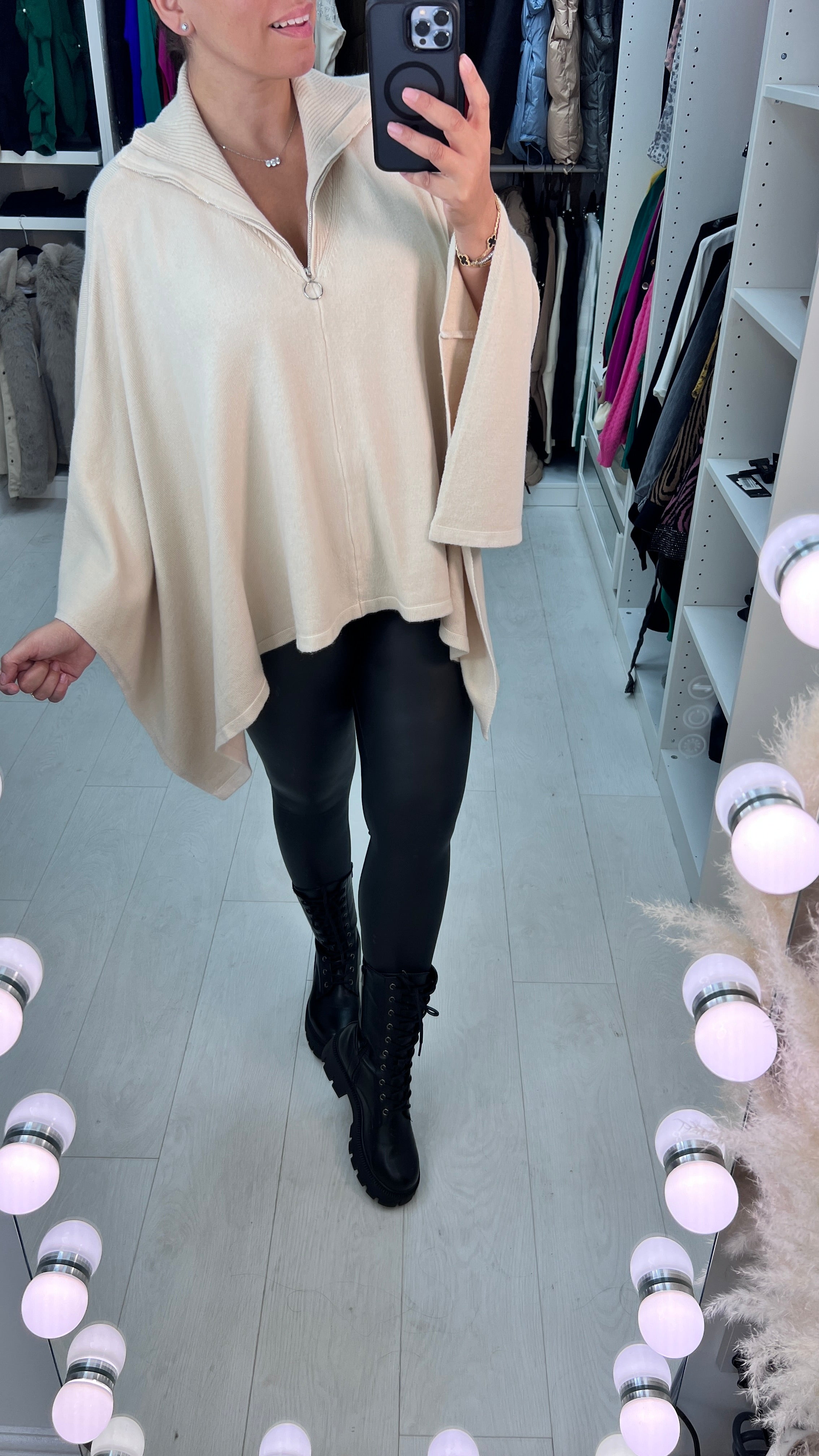 Diego Funnel Zip Neck Soft Knit Short Poncho