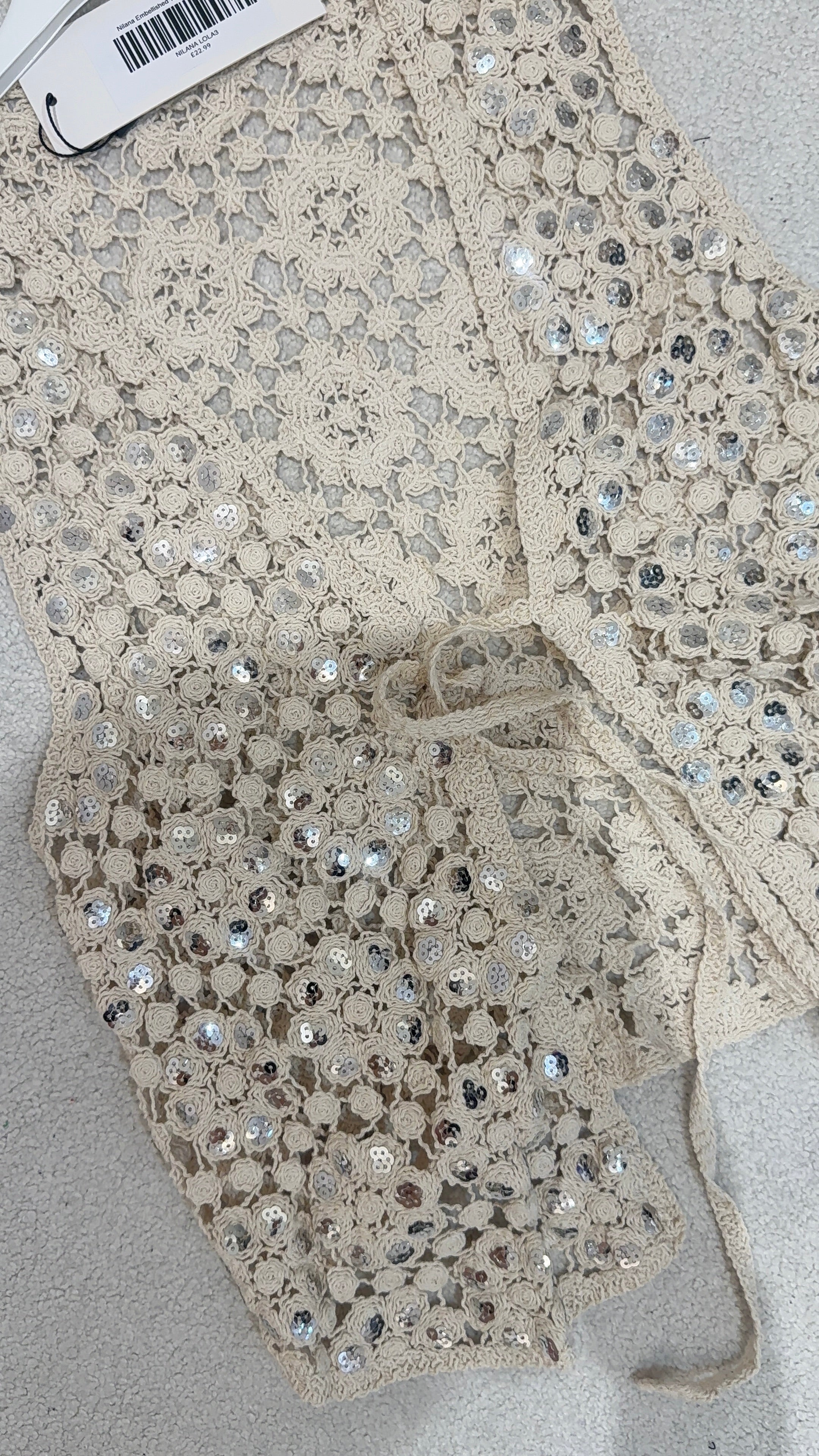 Nilana Embellished Tie Front Crochet Vest