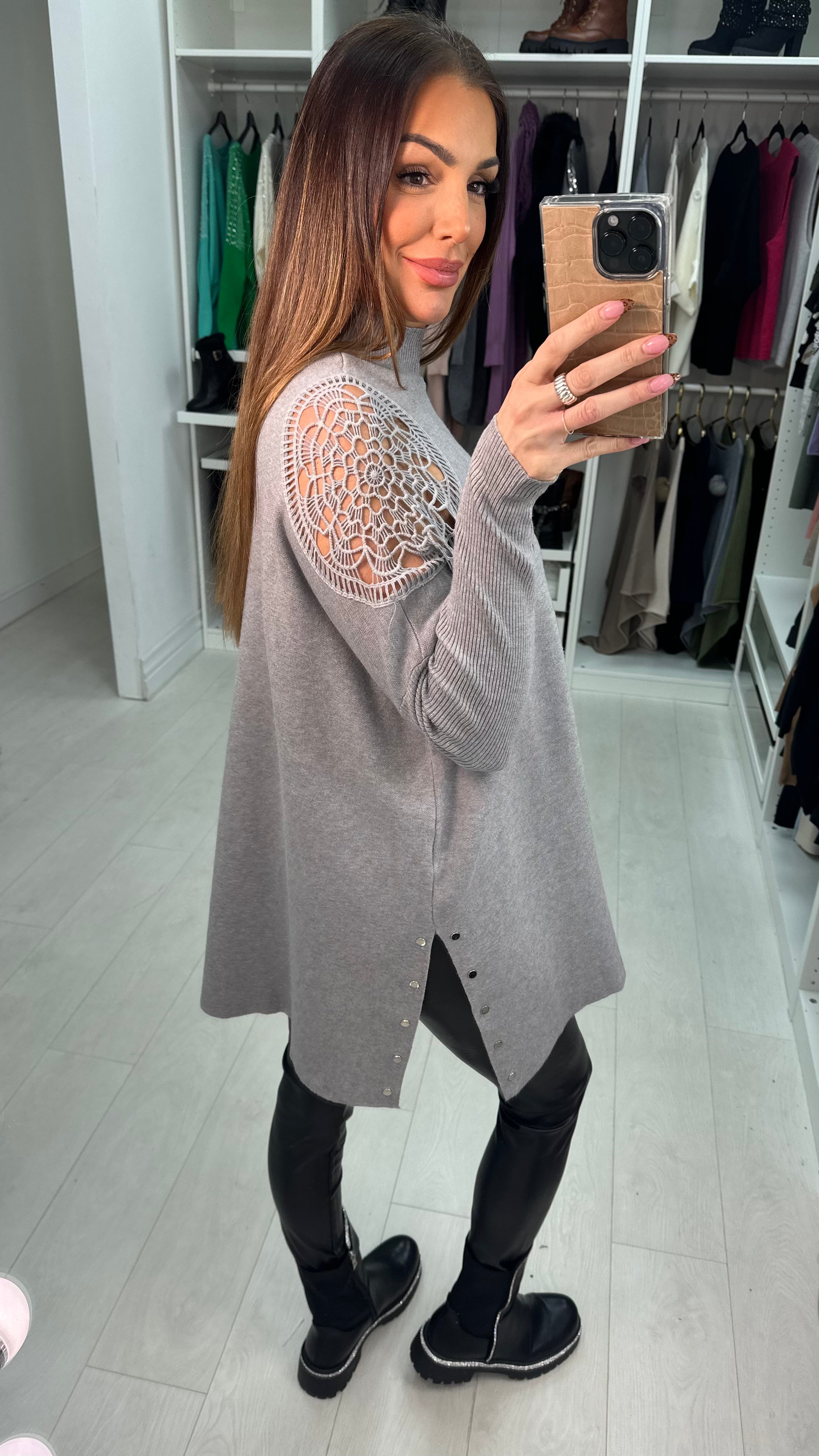 Micaela Crochet Shoulder Detail Loose Fit Knit Jumper