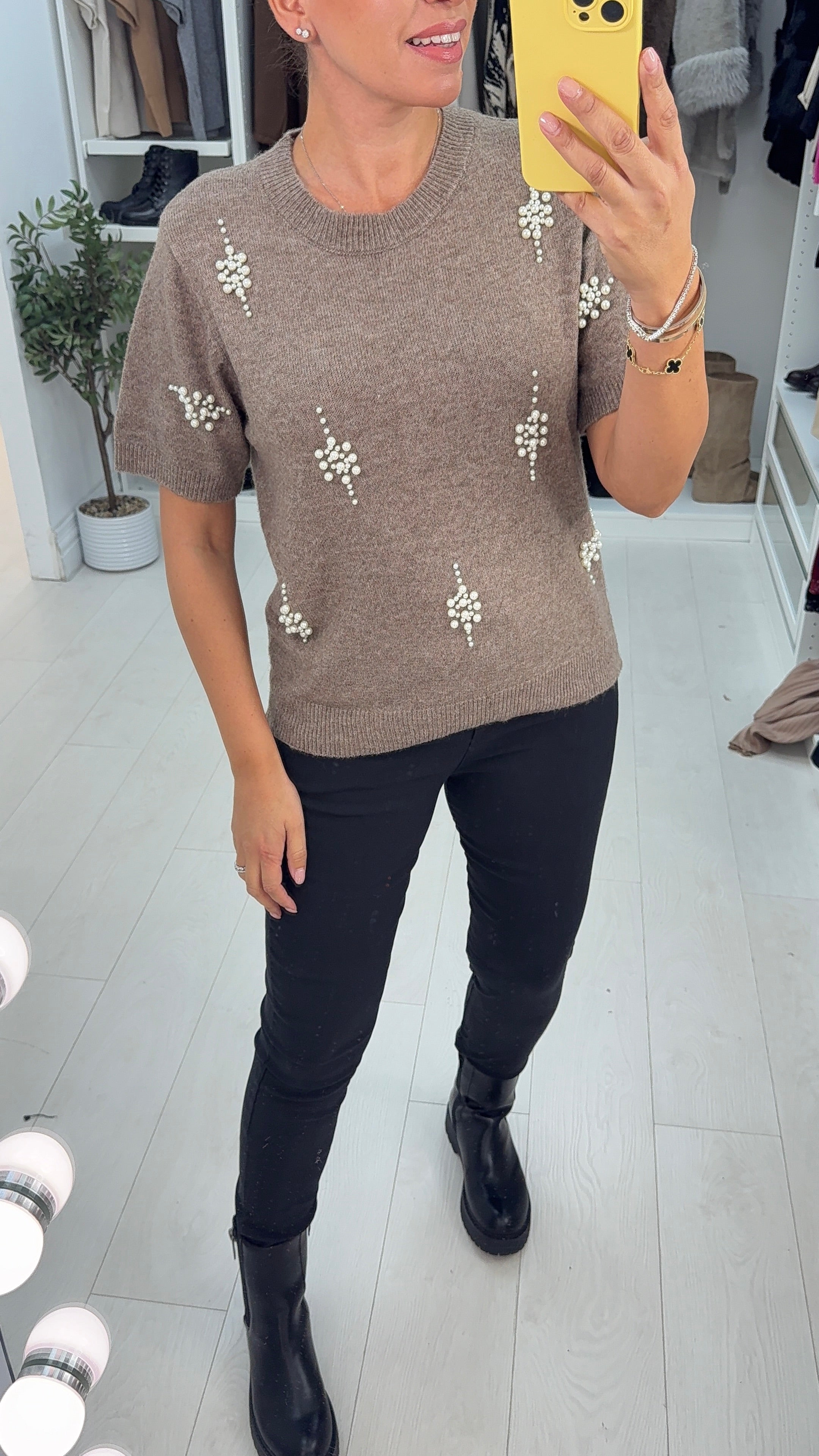 Natalina Pearl Embellished Short Sleeve Knit Jumper
