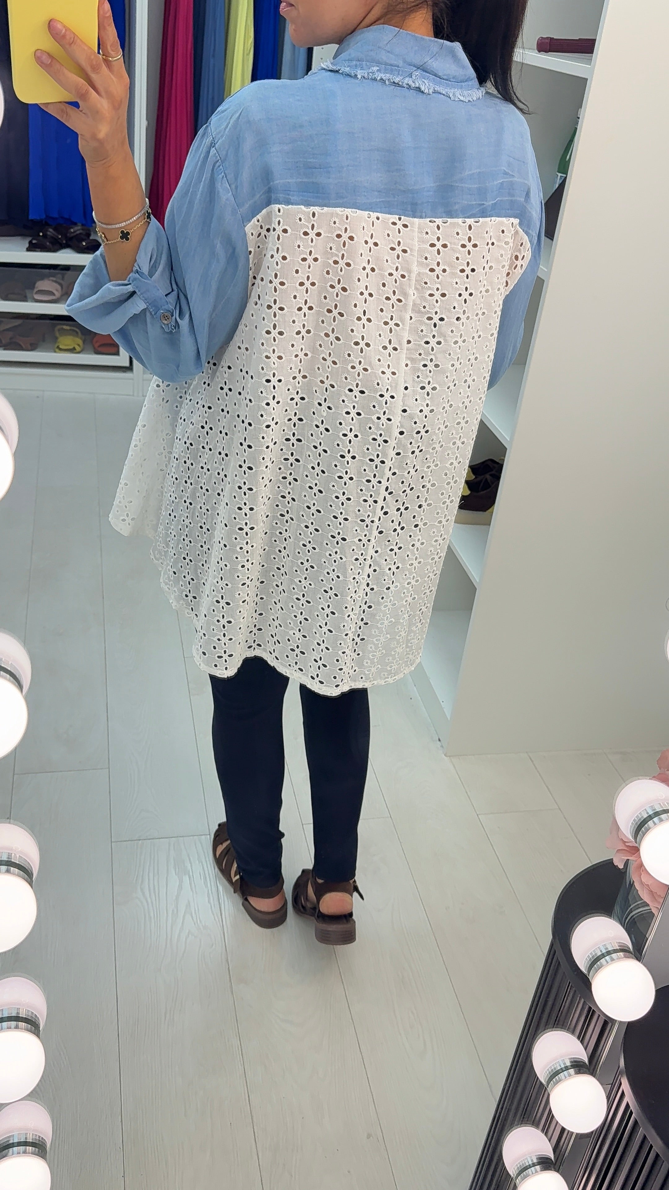 Nadiya Broidery Anglaise Detailed Longline Denim Shirt