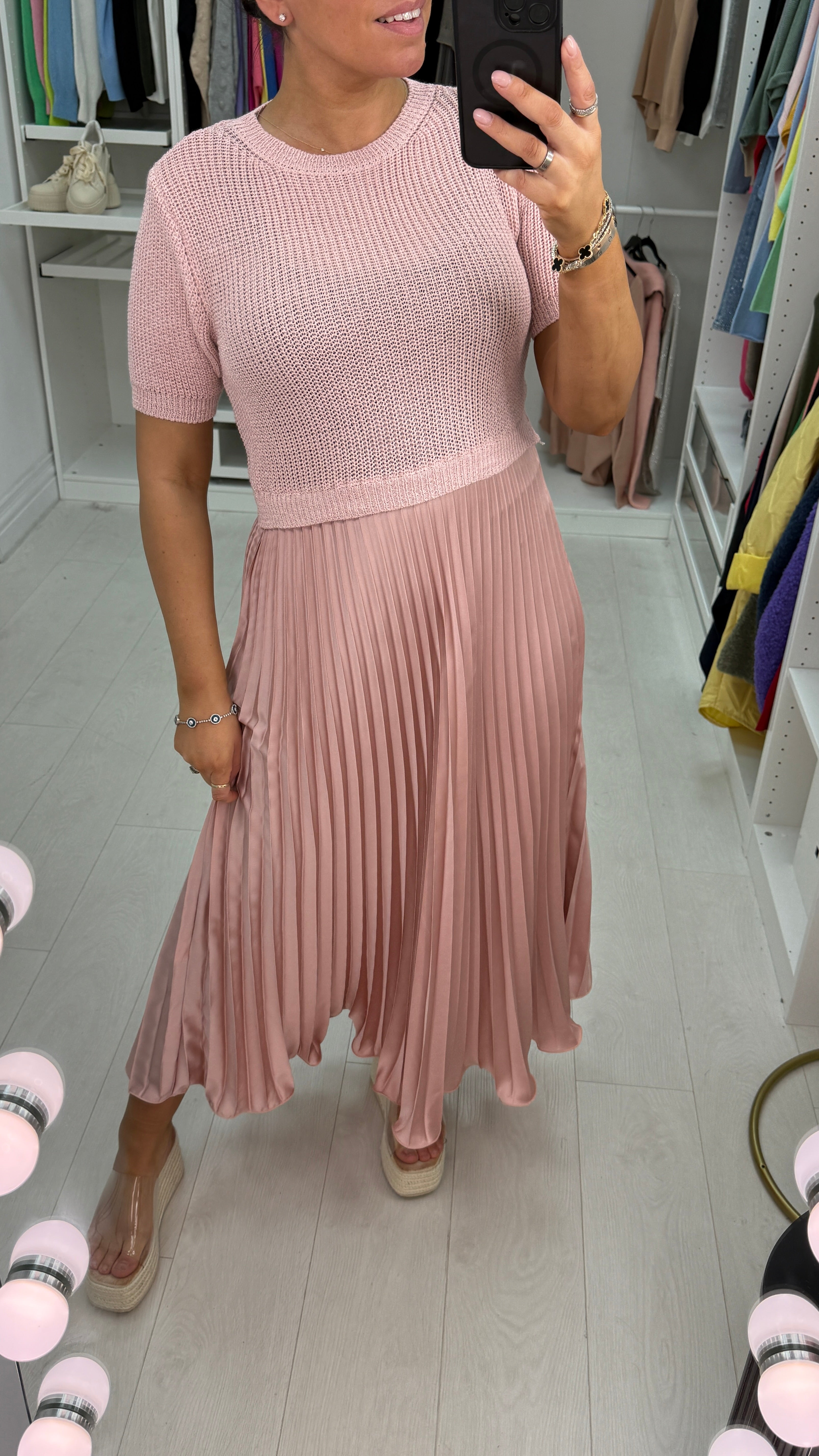 Alaina Plain 2-In-1 Knitted Top Silk Pleated Dress