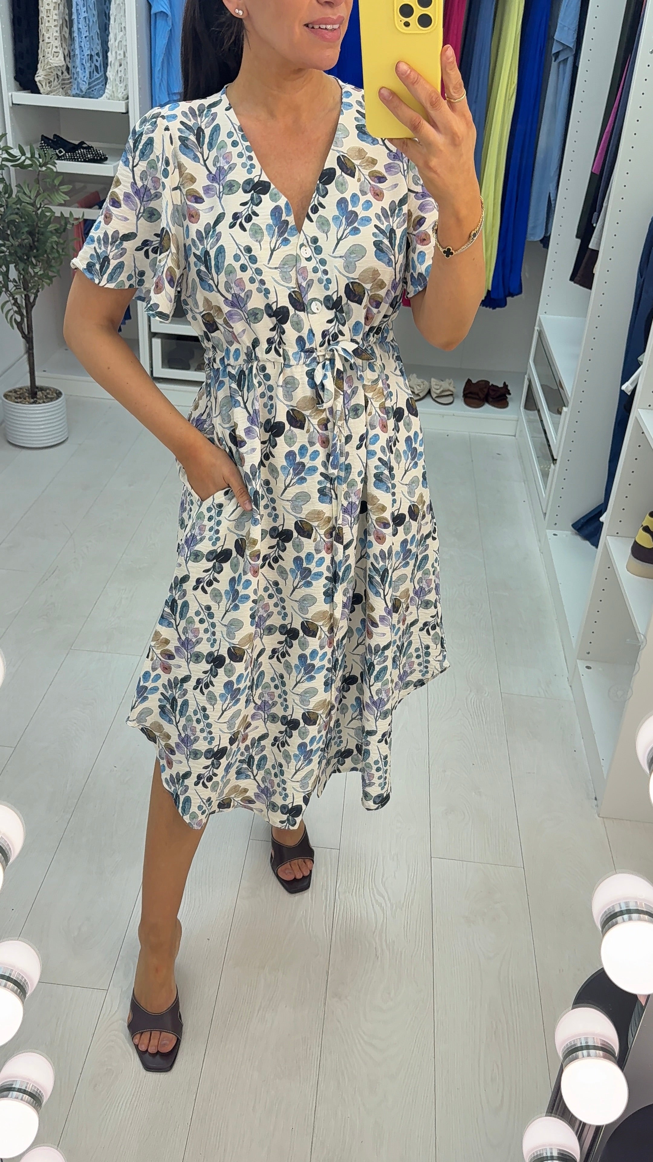 Andra Drawstring Waist Button Front Maxi Dress