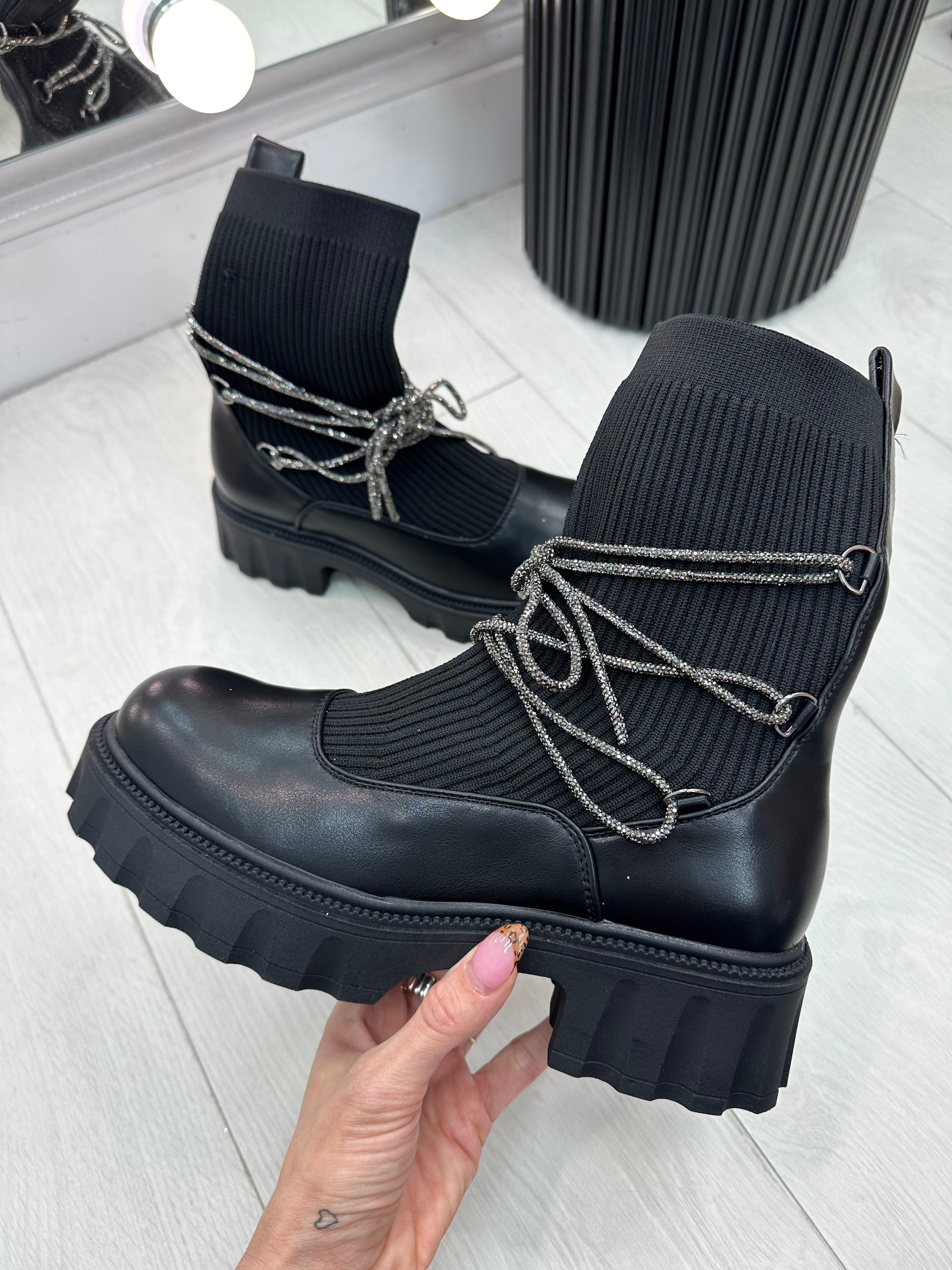 Navesa Faux Leather Ribbed Sock Detailed Diamante Lace Boots