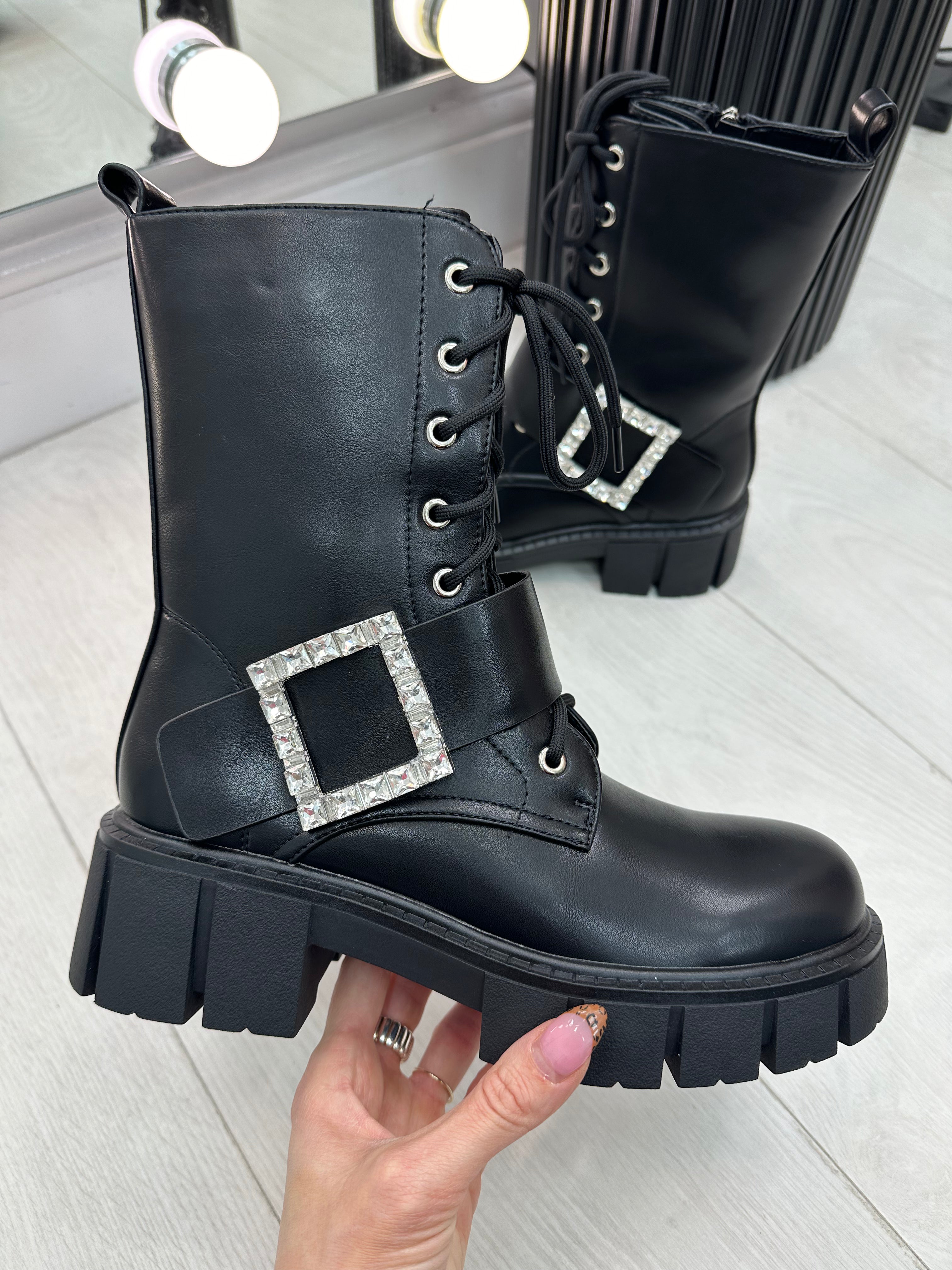 Ivone Black Faux Leather Buckle Detail Boots