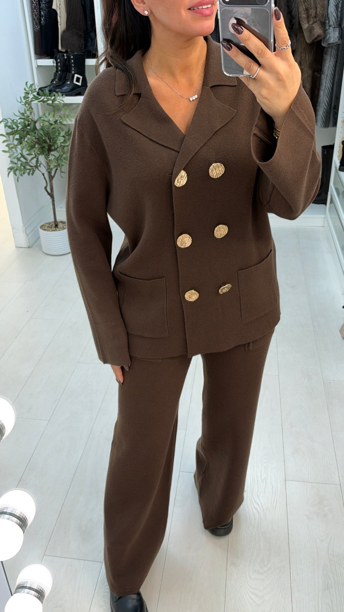 Jillia V Neck Metallic Button Closure Loungewear Set