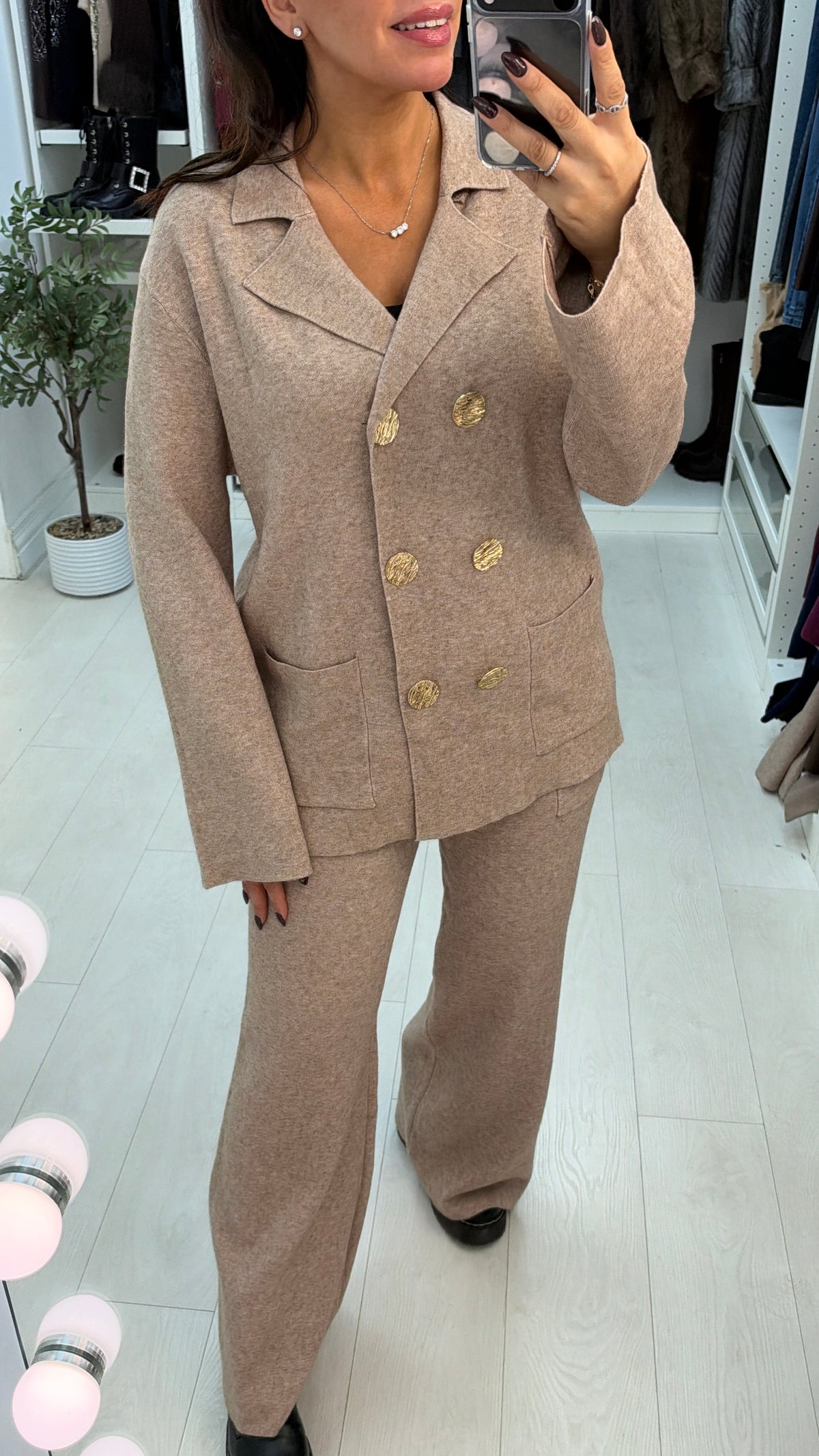 Jillia V Neck Metallic Button Closure Loungewear Set