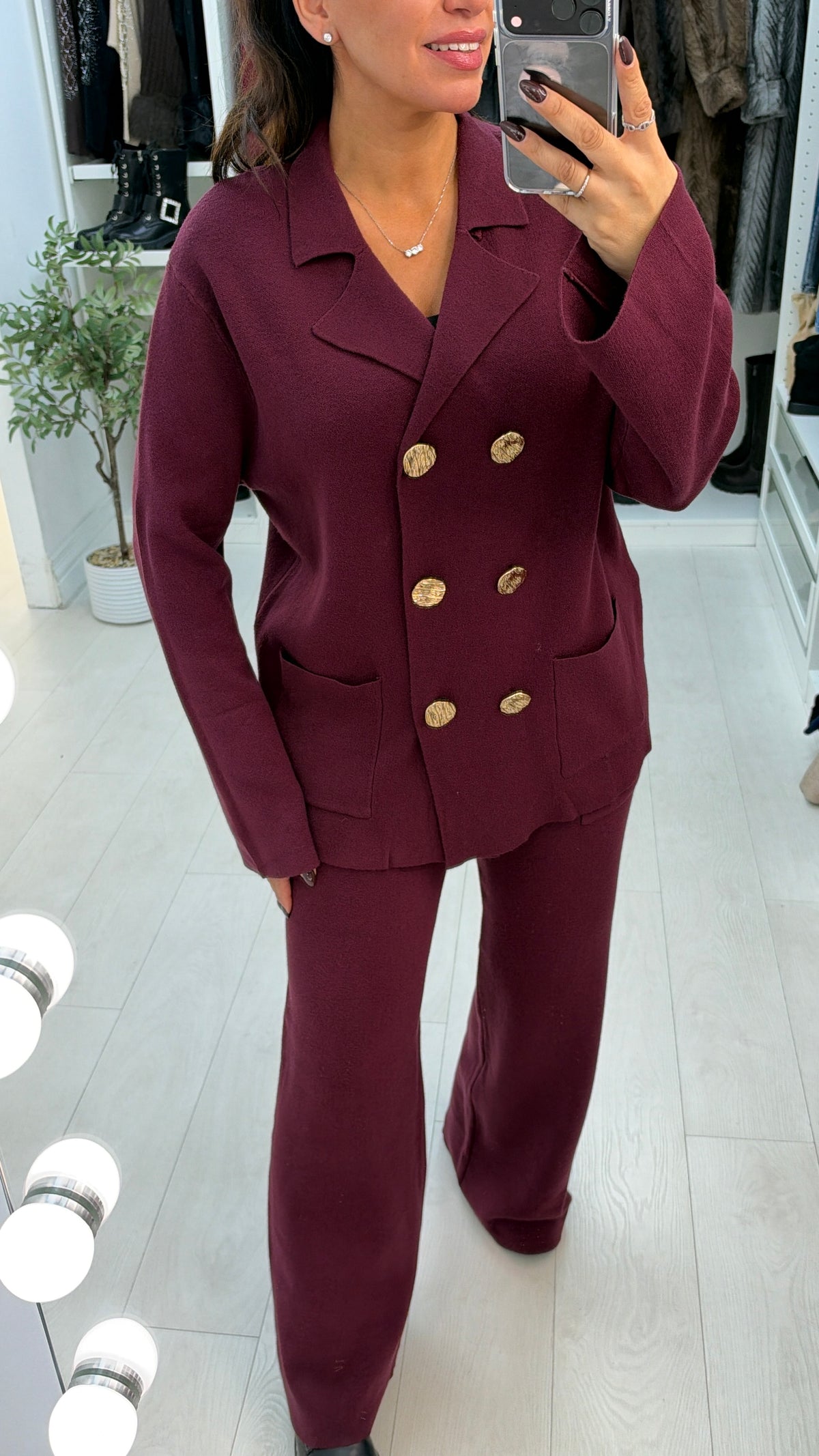 Jillia V Neck Metallic Button Closure Loungewear Set