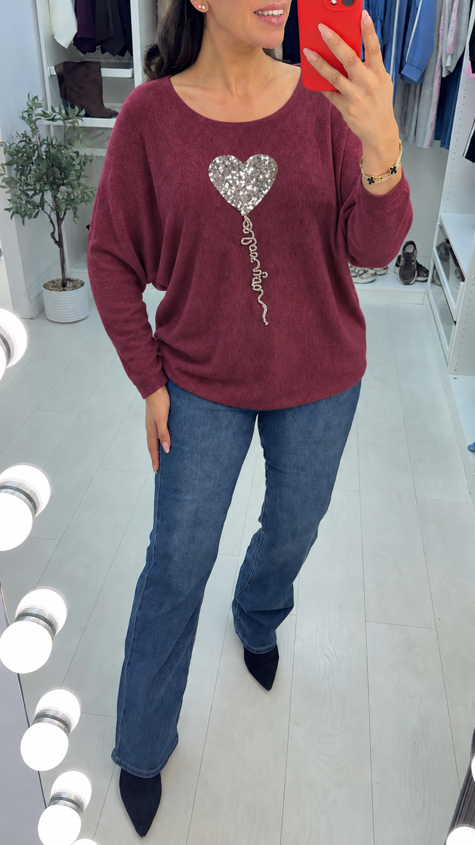 Betsy Sequin Heart Detail Loose Fit Thin Knit Jumper